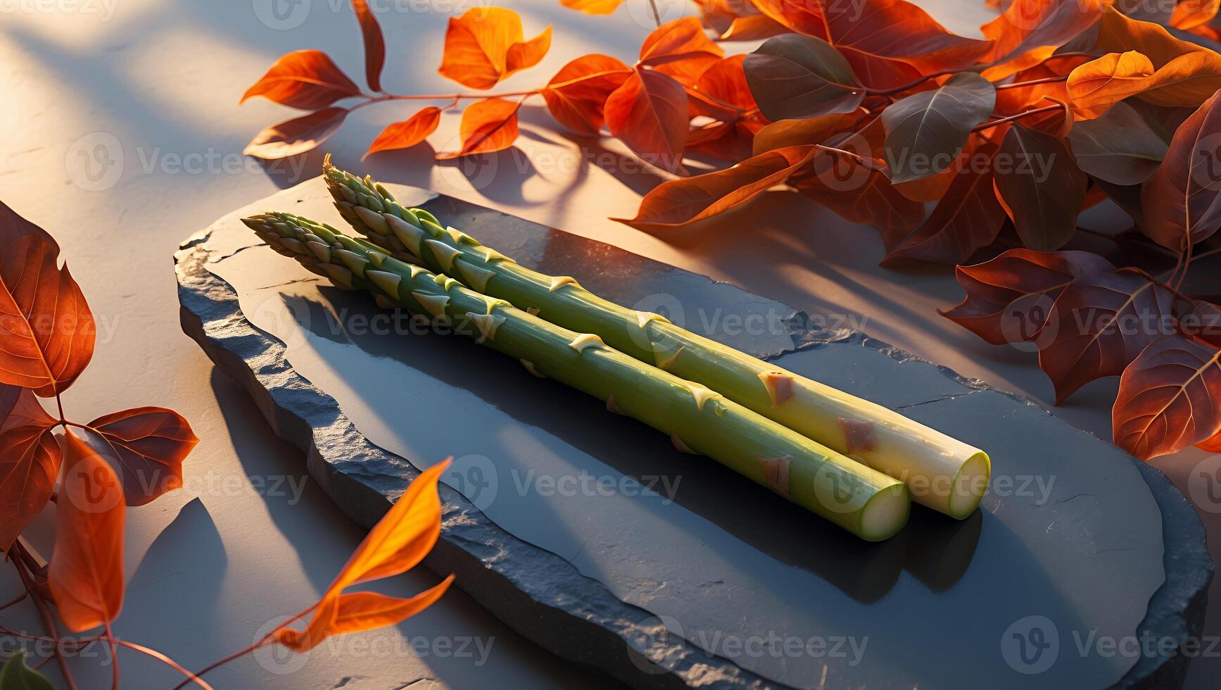 Two Asparagus Spears on Stone Plate Surrounded by Autumn Leaves photo