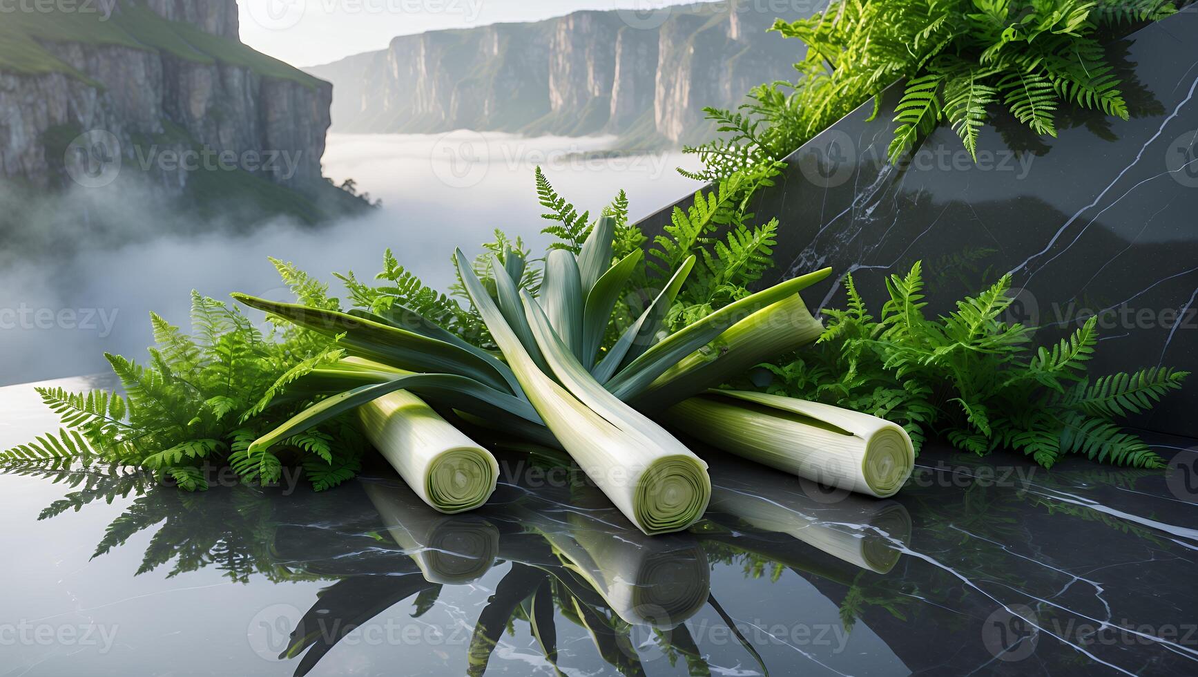Fresh Leeks Display with Ferns and Foggy Cliff Backdrop photo
