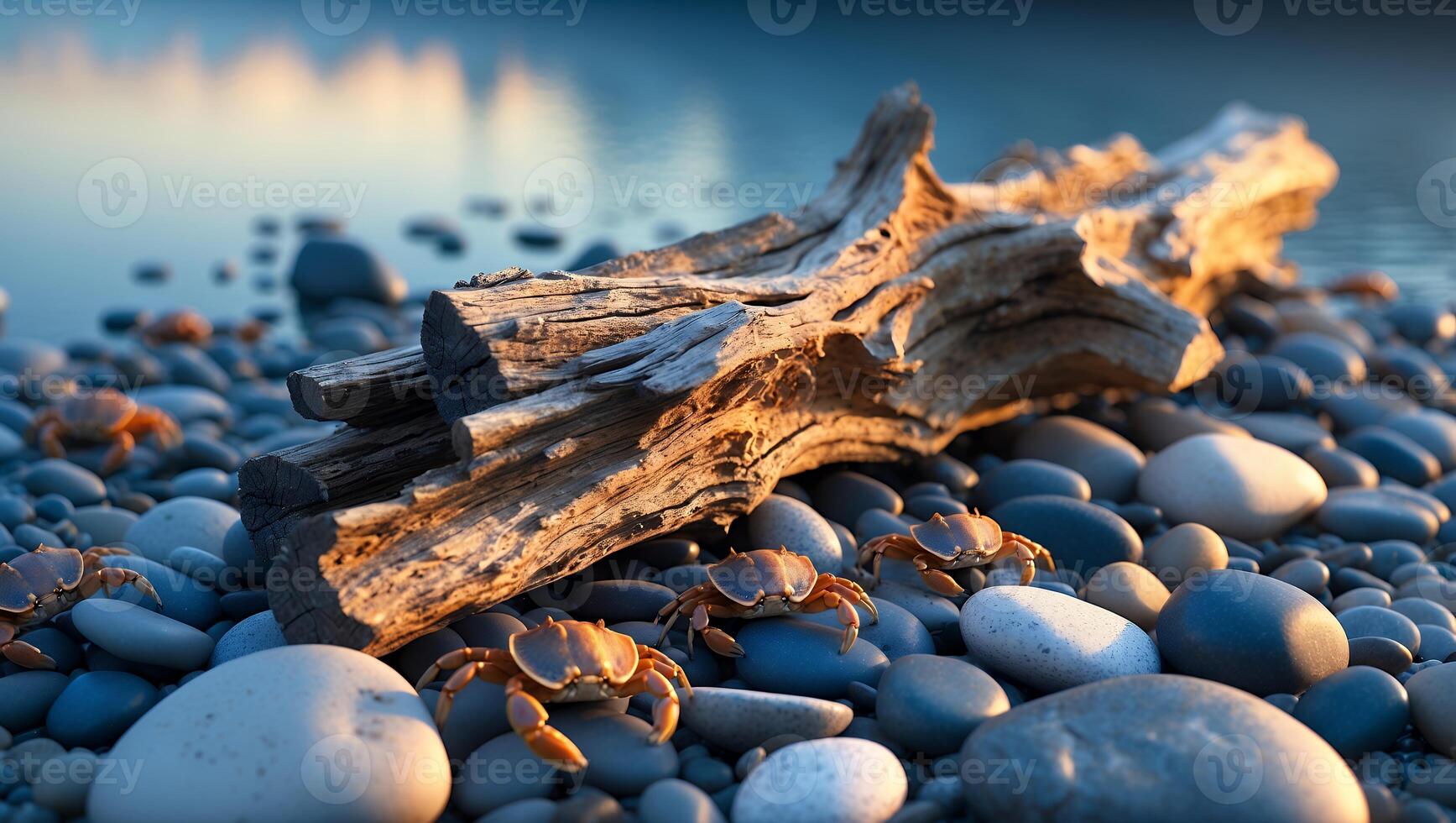 Crabs on Rocky Beach with Driftwood and Calm Water View photo