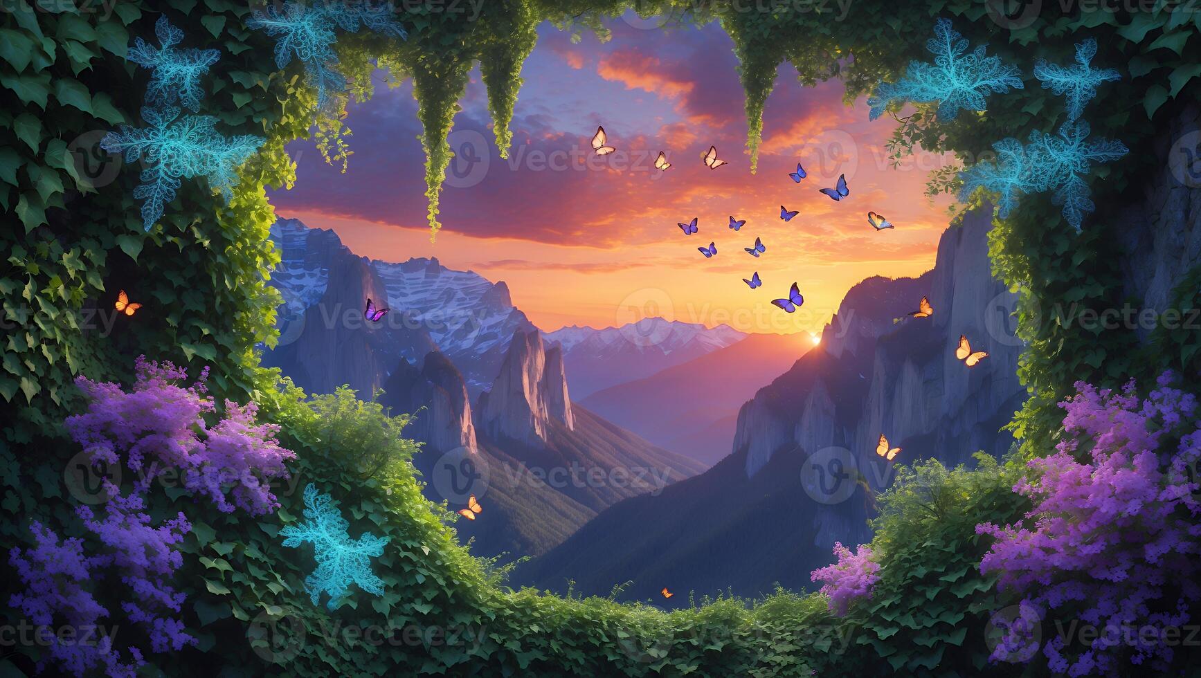 Mountain View Through Greenery Archway with Butterflies and Sunset Sky photo