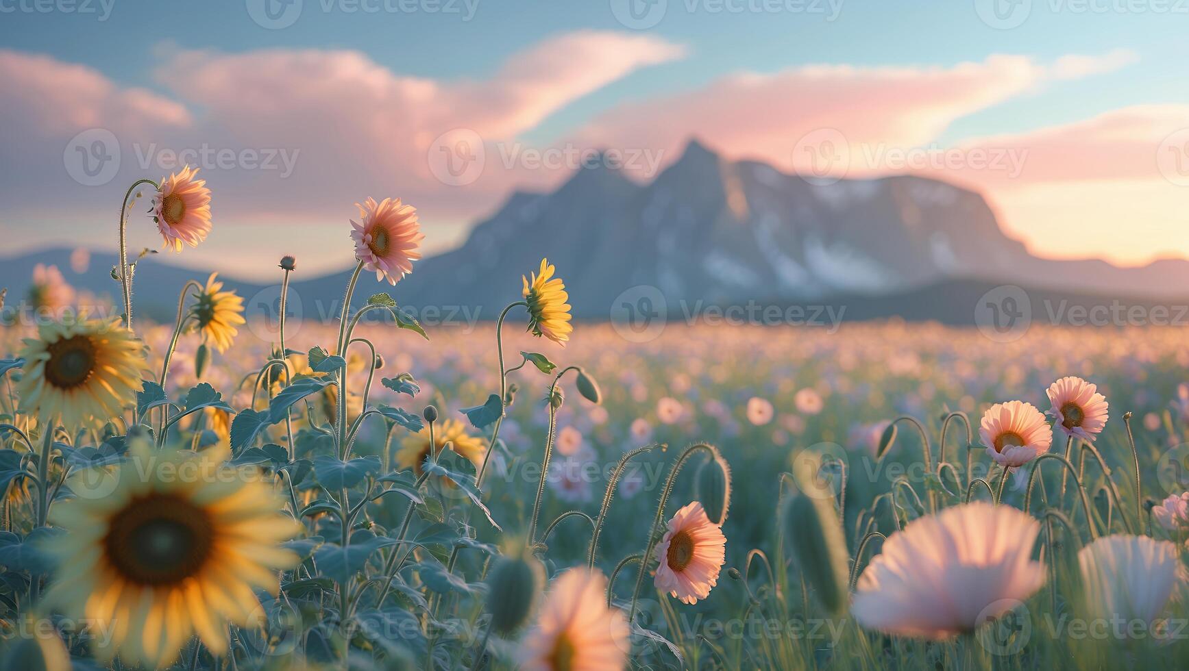 Blooming Flower Field with Mountain Backdrop at Sunset in Pastel Colors photo