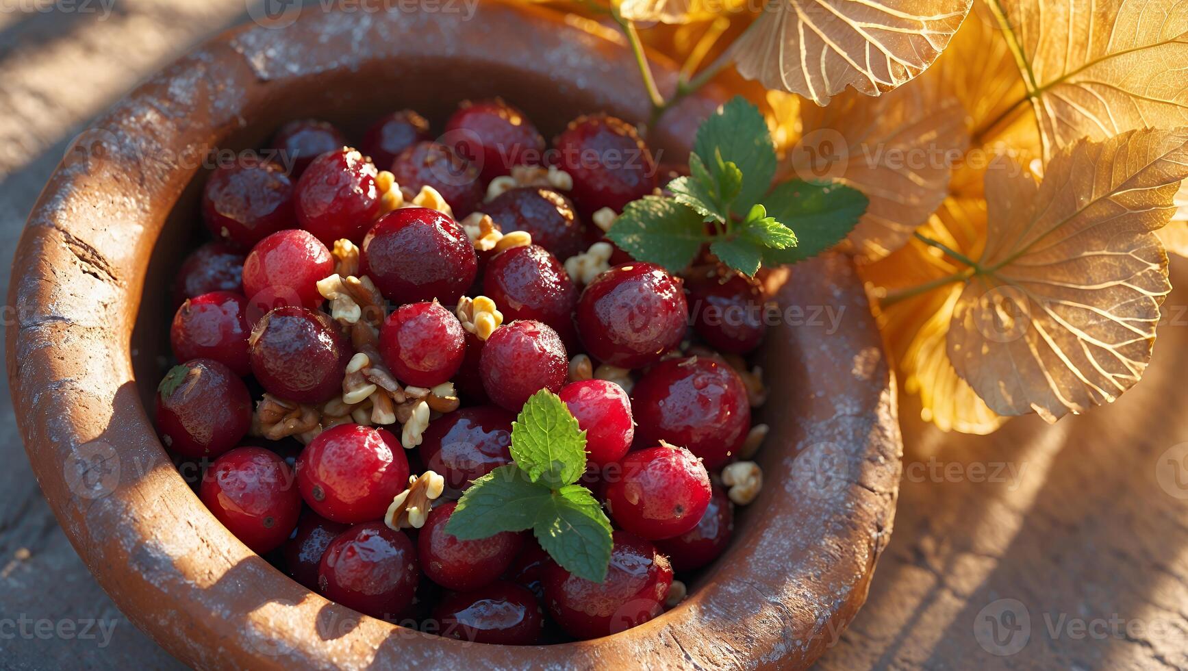 Serving of Red Cranberries and Walnuts in Rustic Bowl photo