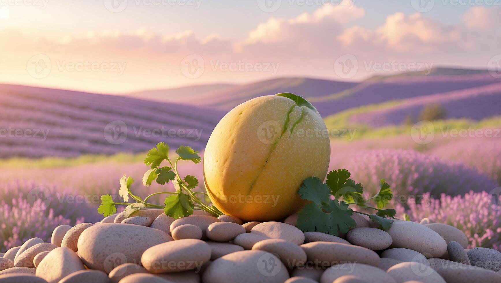 Placing Melon with Greens on Pebbles with Lavender Field photo