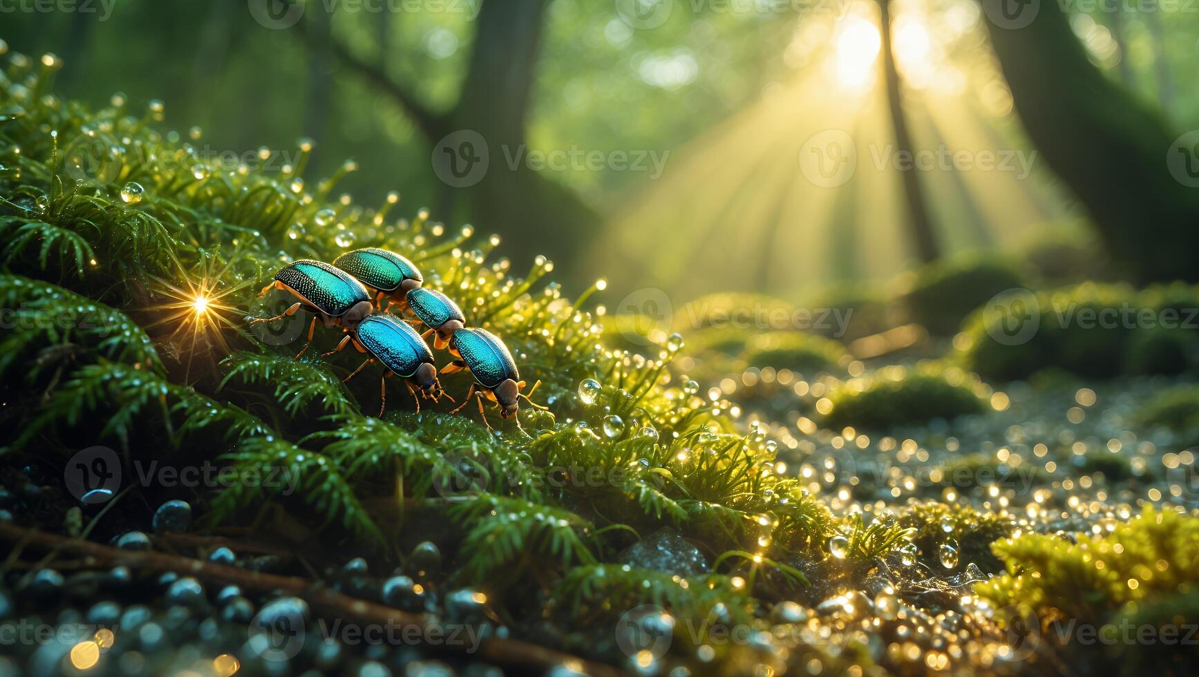 Beetle Cluster on Moss in Forest with Sunlight Streaming Through Trees photo