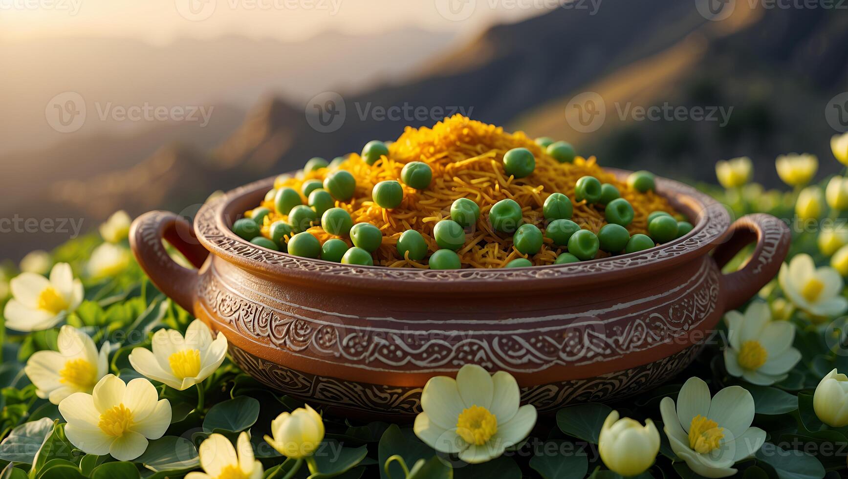 Savory Food in Clay Pot Surrounded by Flowers in Nature photo
