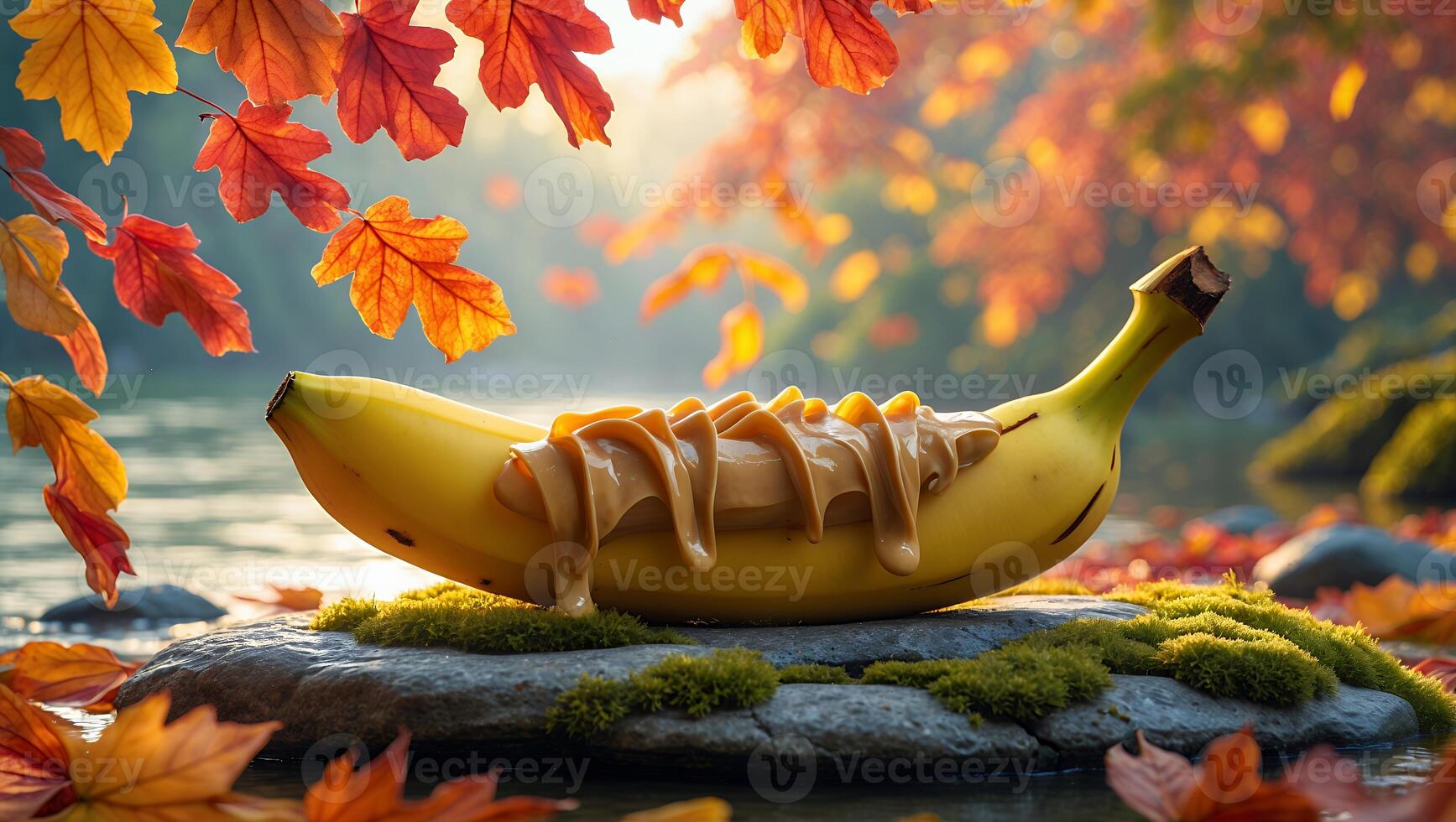 Banana with Caramel Drizzle Relaxing by Peaceful Lake in Autumn photo