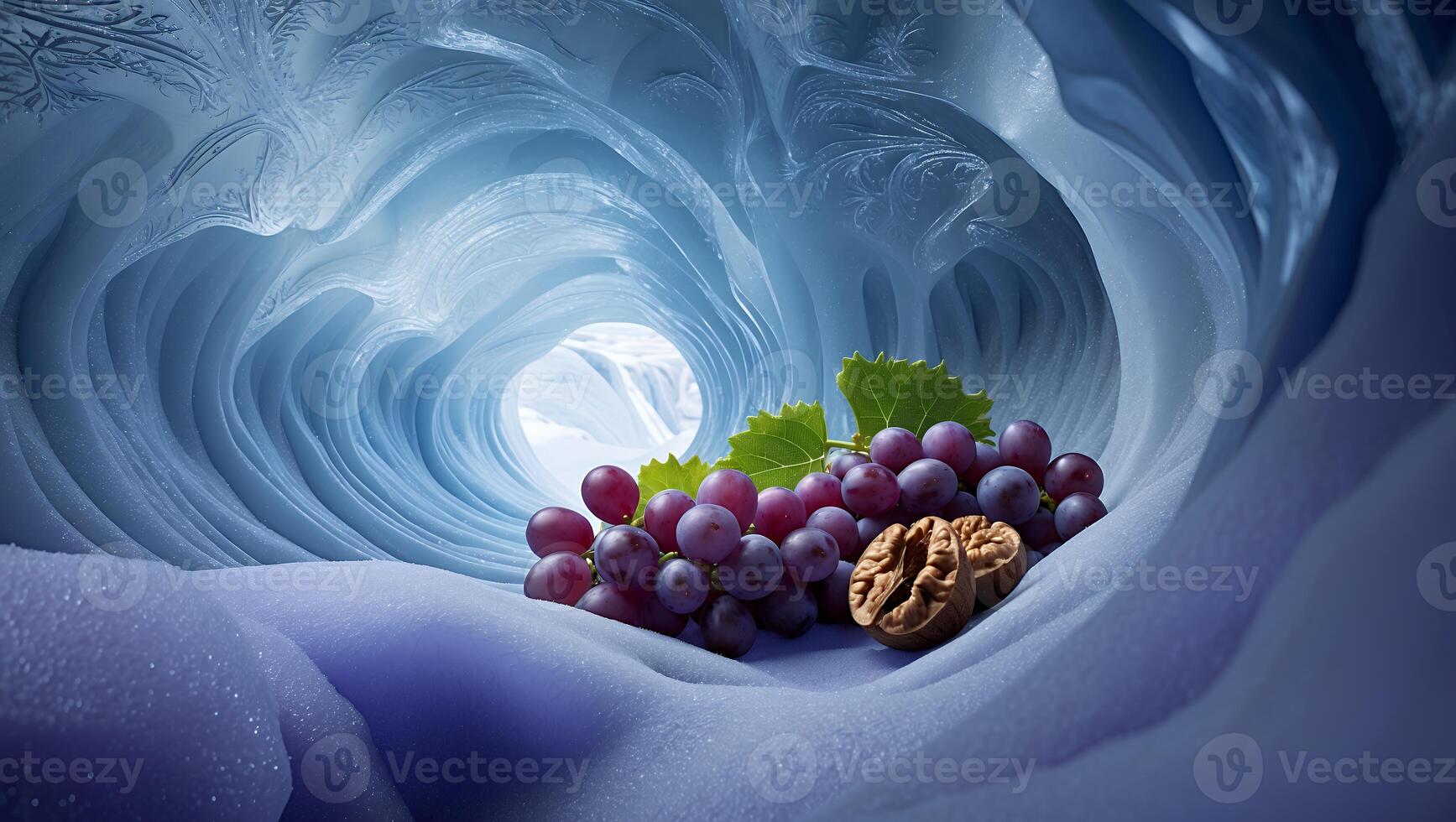 Grapes and Walnut Arrangement Inside Ice Cave with Blue Light photo