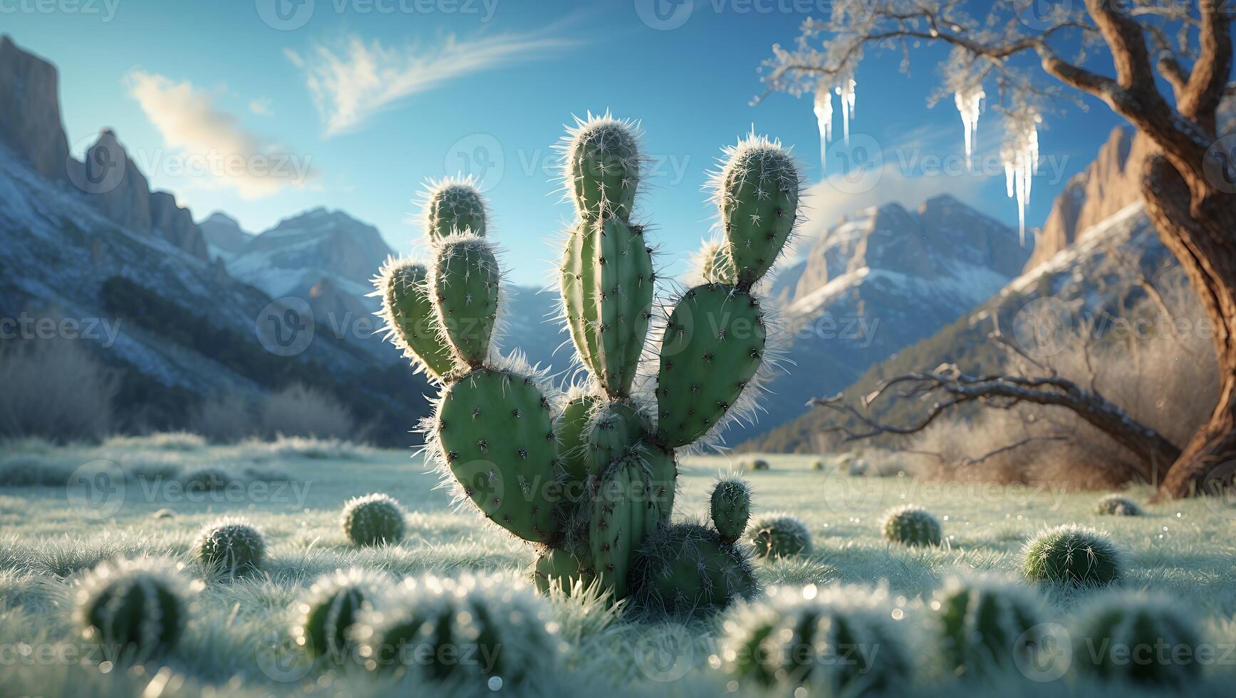Cactus Standing in Frosted Field with Mountains and Blue Sky photo
