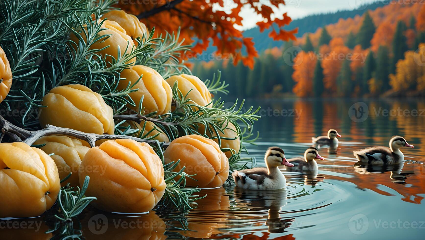 Ducklings Swimming in Autumn Lake with Orange Trees and Squash photo