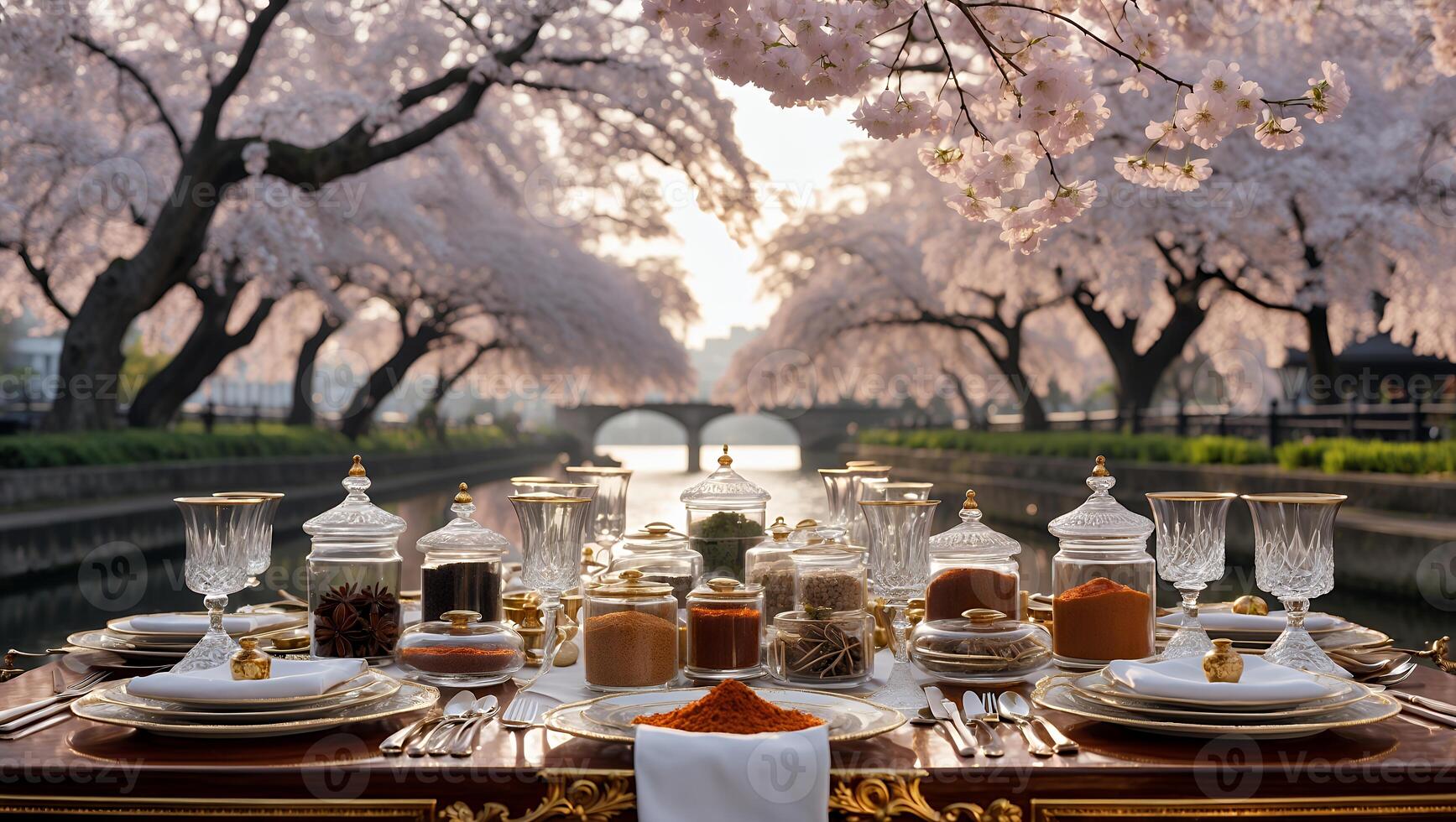 Elegant Table Setting with Spices and Cherry Blossoms by River photo