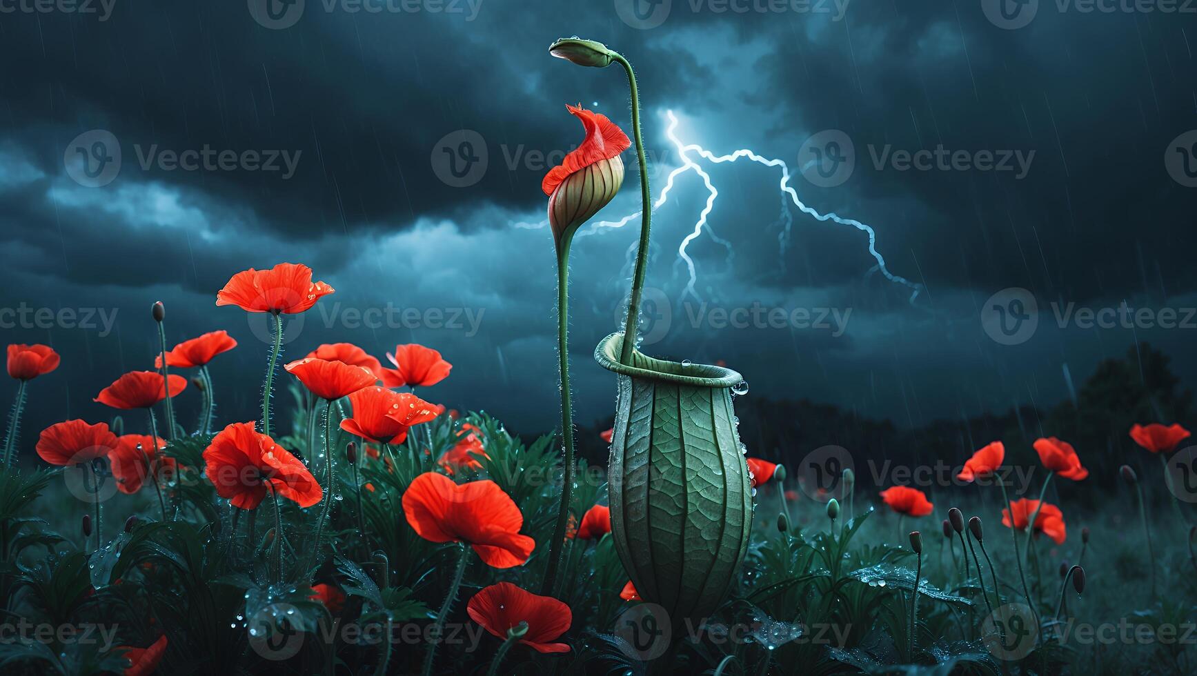 Poppy Field and Pitcher Plant Under Dramatic Stormy Sky and Lightning photo