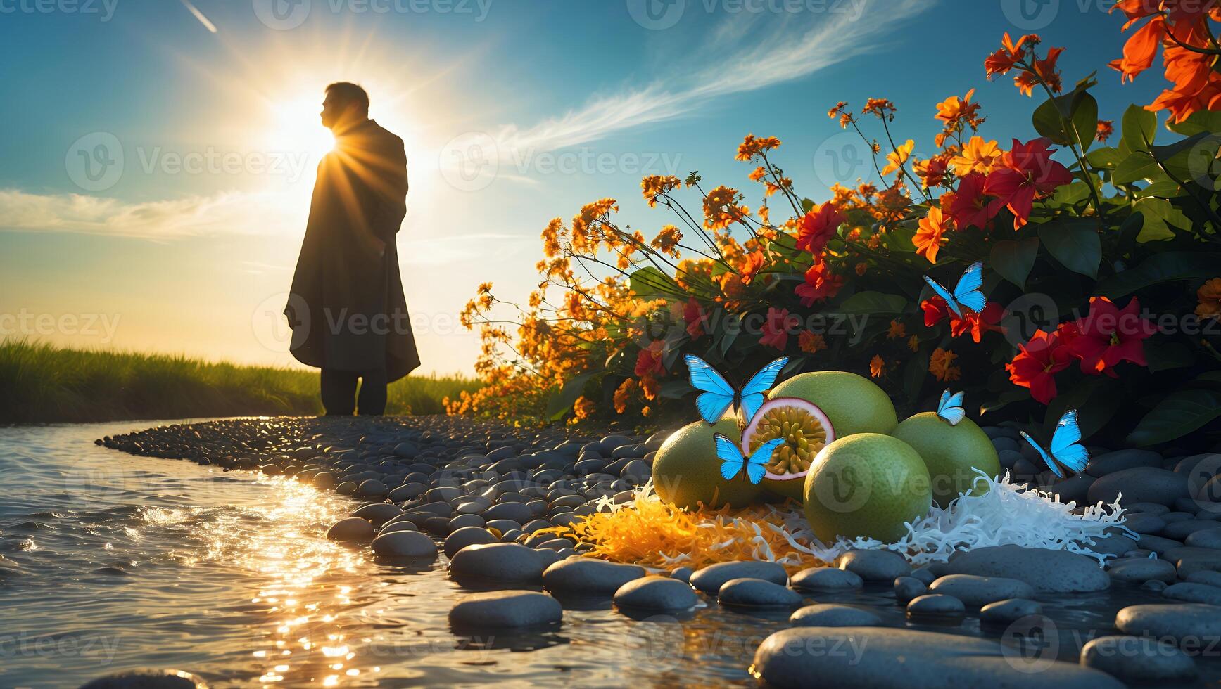 Person Standing by River with Tropical Fruits and Blue Butterflies photo