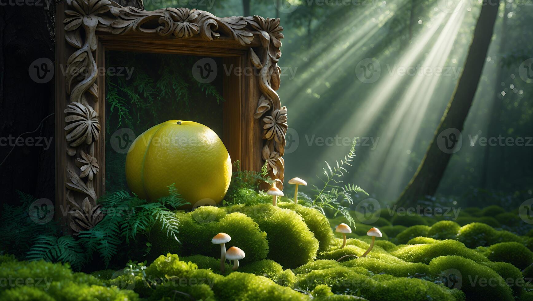 Yellow Fruit in Forest with Frame Moss and Sunlight photo