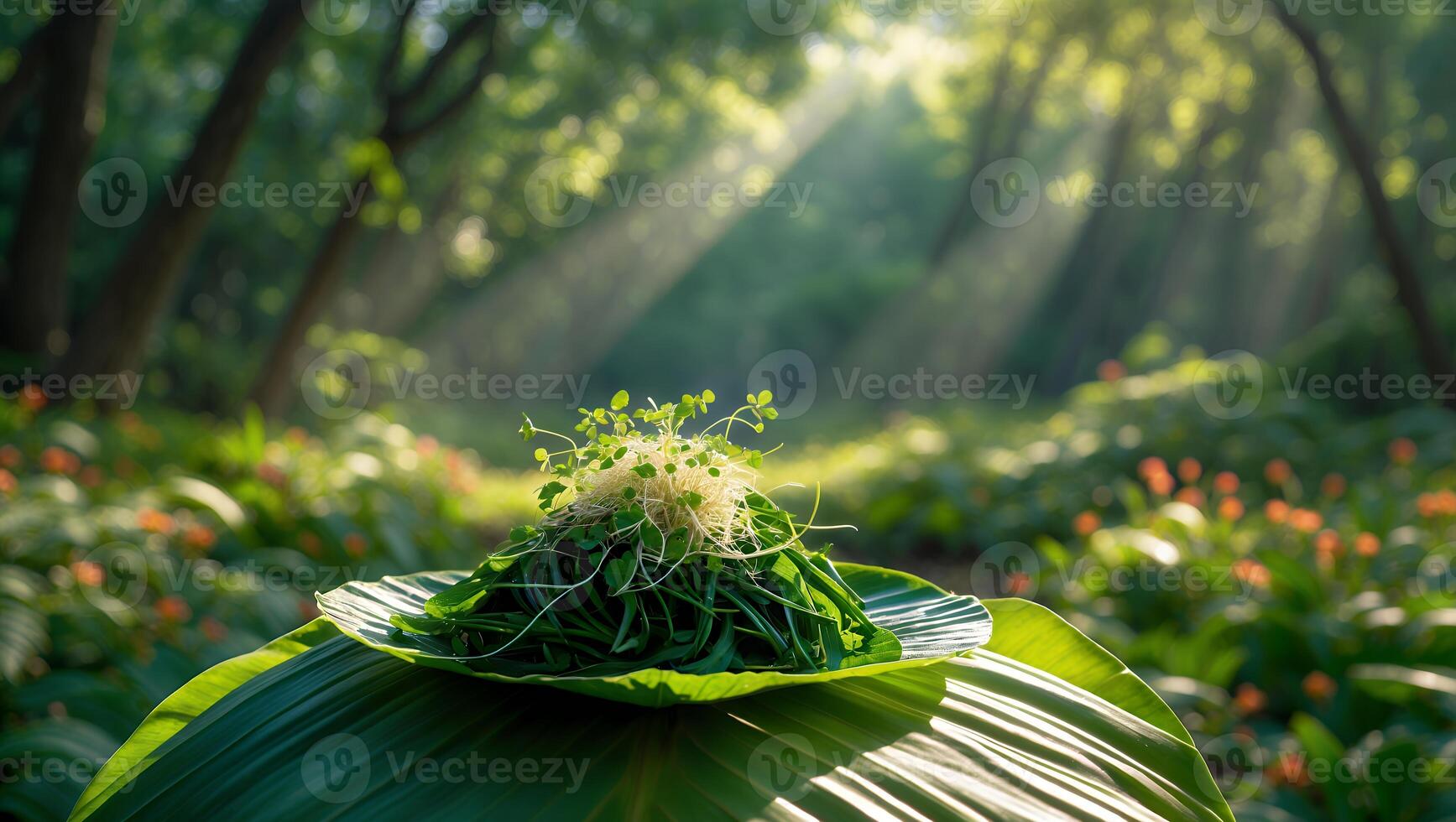 Fresh Sprouts and Greens on Large Leaf in Forest Sunlight photo
