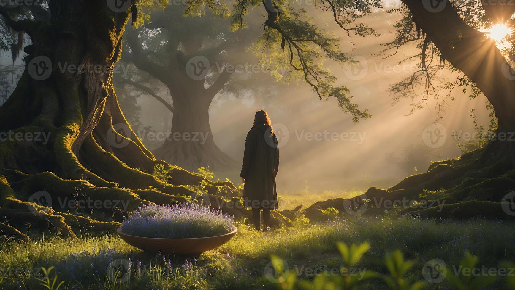 Woman Standing in Foggy Forest with Sun Rays and Giant Trees photo