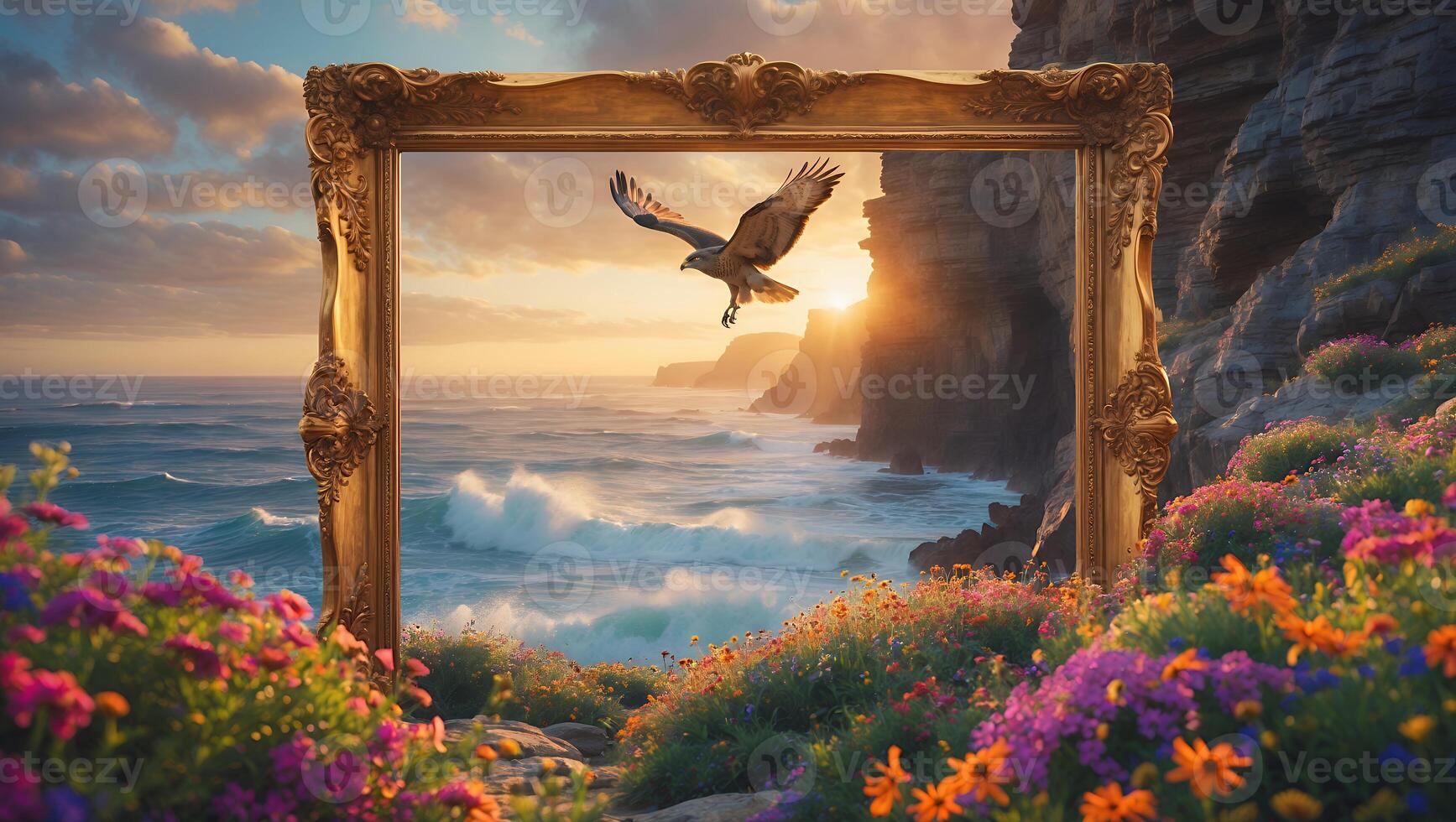 Eagle Flying Over Ocean Framed by Flowers and Cliffs at Sunset photo