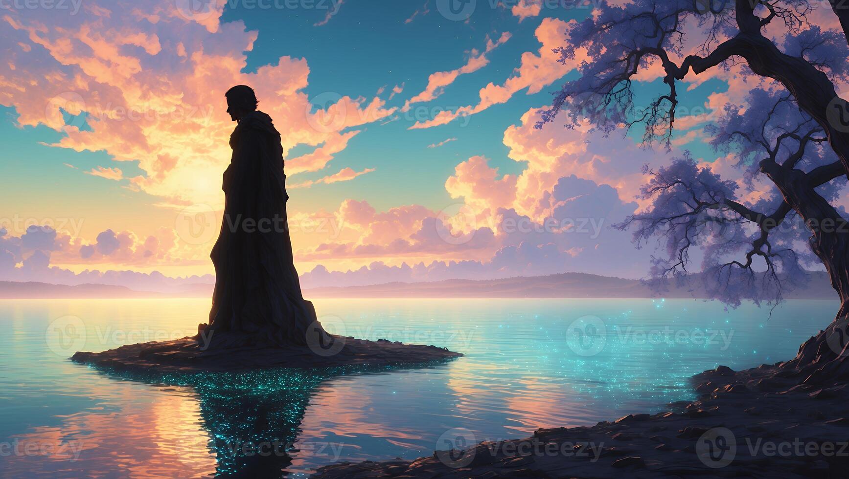 Silhouette Standing on Island in Tranquil Lake at Sunset with Trees photo