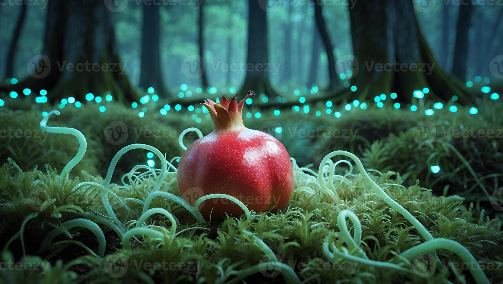 Pomegranate Resting on Mossy Forest Floor Surrounded by Glowing Lights photo