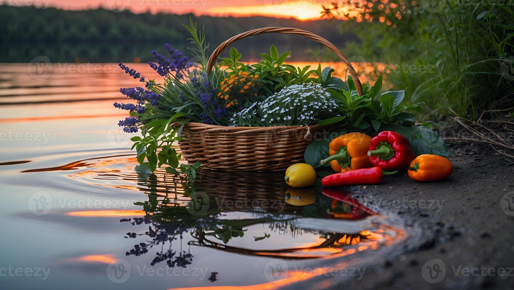 Basket with Flowers and Vegetables on Lake Shore at Sunset photo
