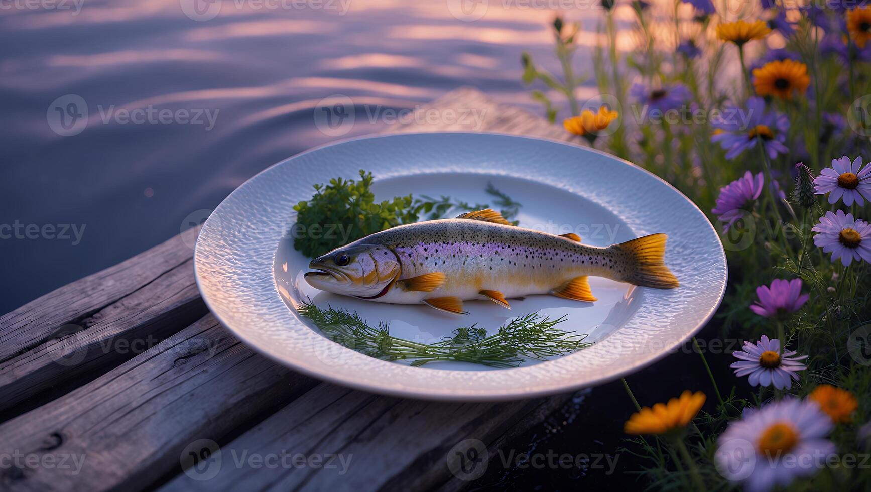 Cooked Fish Served on Plate by Lake at Golden Hour photo