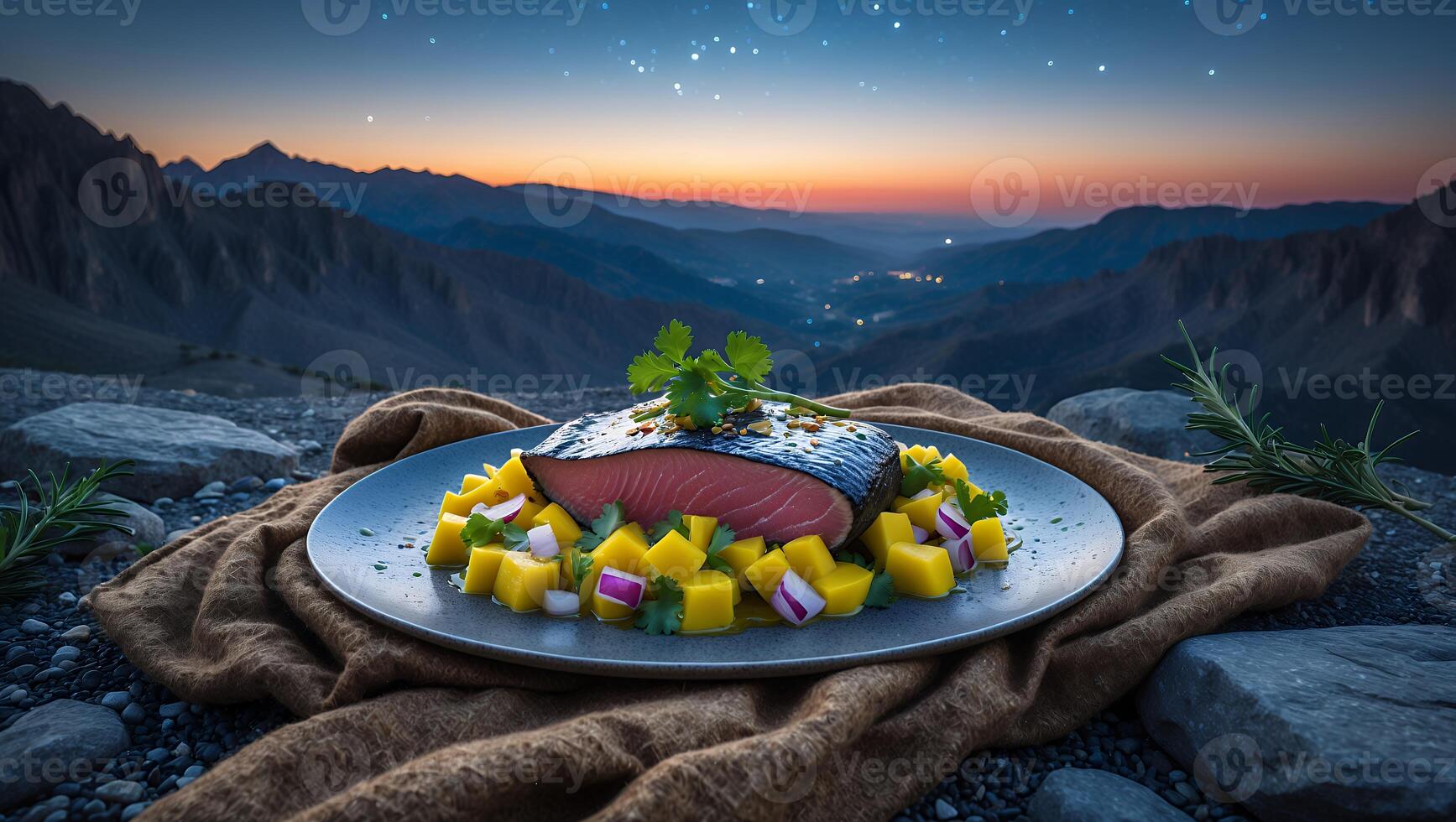 Plated Salmon with Mango Salad and Mountain Sunset Backdrop photo