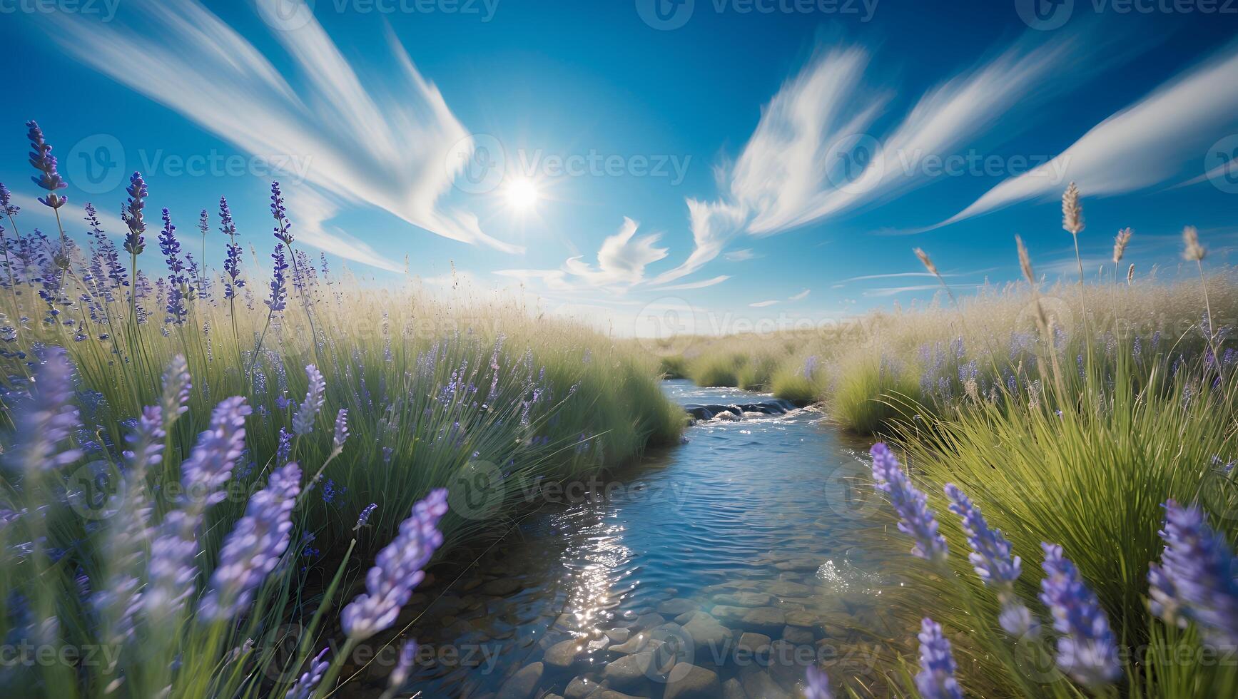 Flowing Stream Through Meadow with Lavender Flowers and Bright Sunny Sky photo