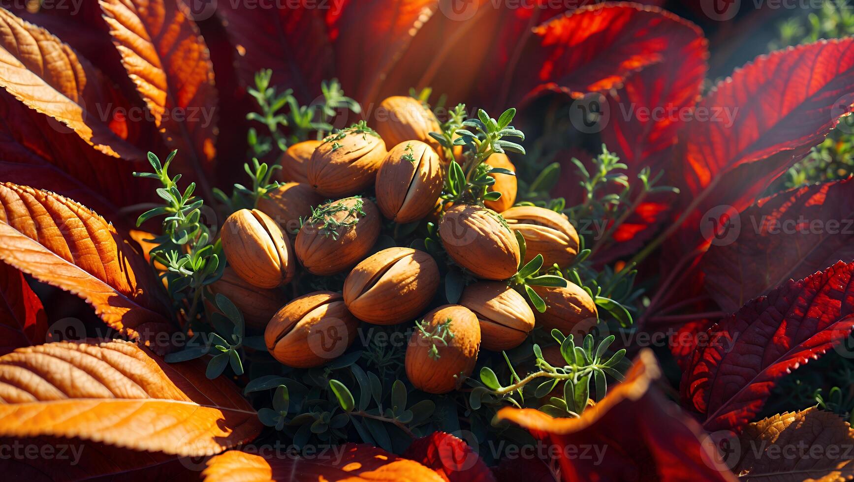 Pile of Shelled Seeds Amongst Greenery and Autumnal Red Leaves photo