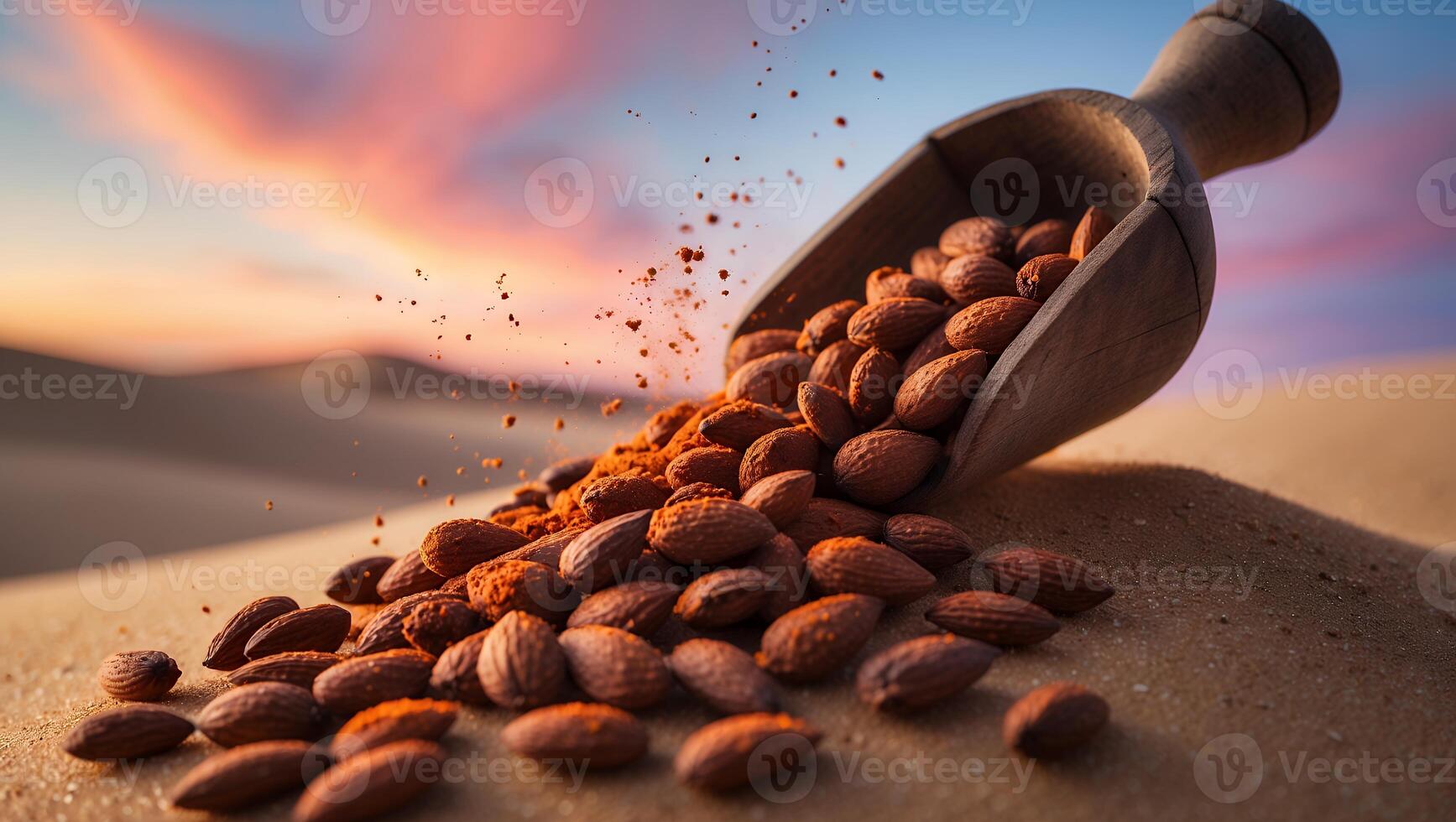 Almonds Spilling From Wooden Scoop on Sand with Colorful Sky photo