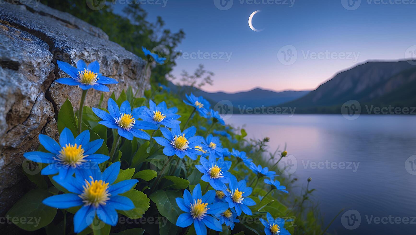 Blooming Blue Flowers Near Lake at Dusk with Mountain Views photo