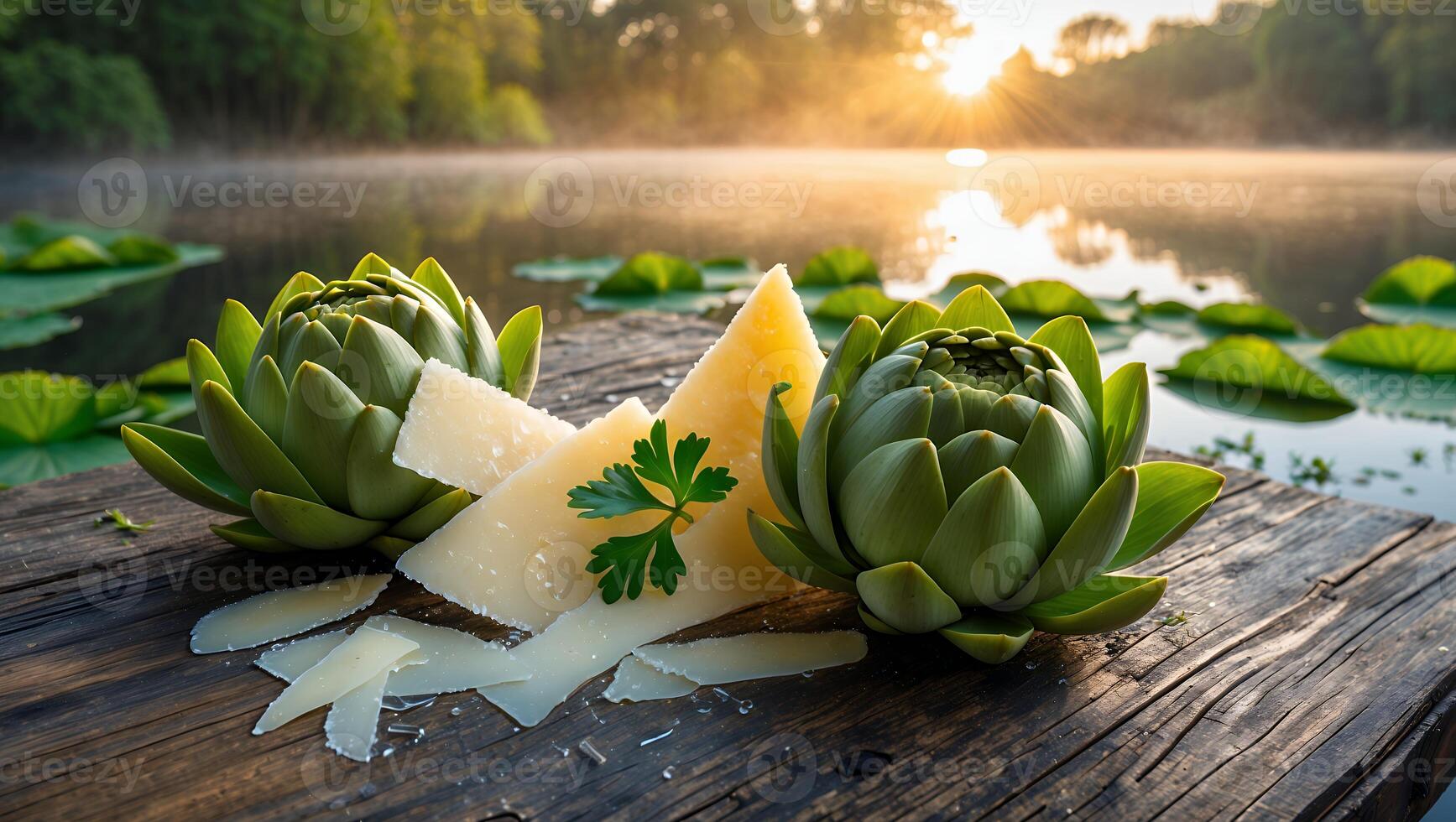 Artichokes and Cheese on Wood by Misty Lake at Sunrise photo