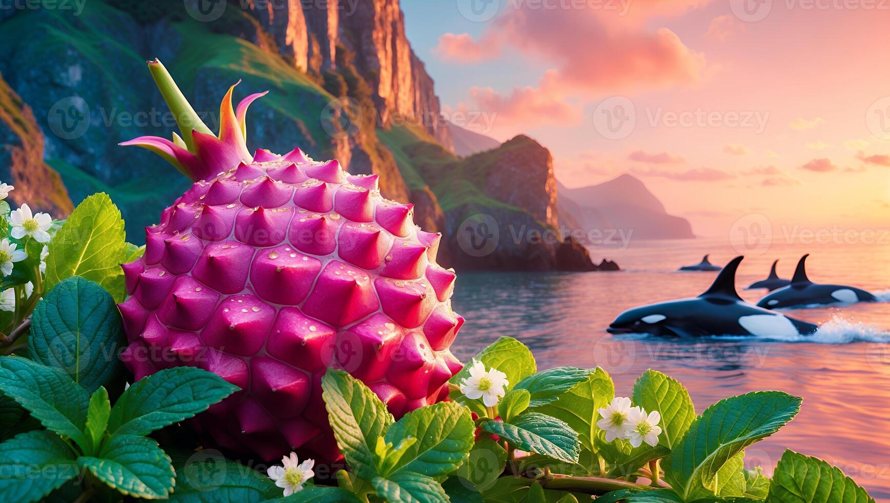 Pink Fruit with Ocean View and Orcas Swimming at Sunset photo