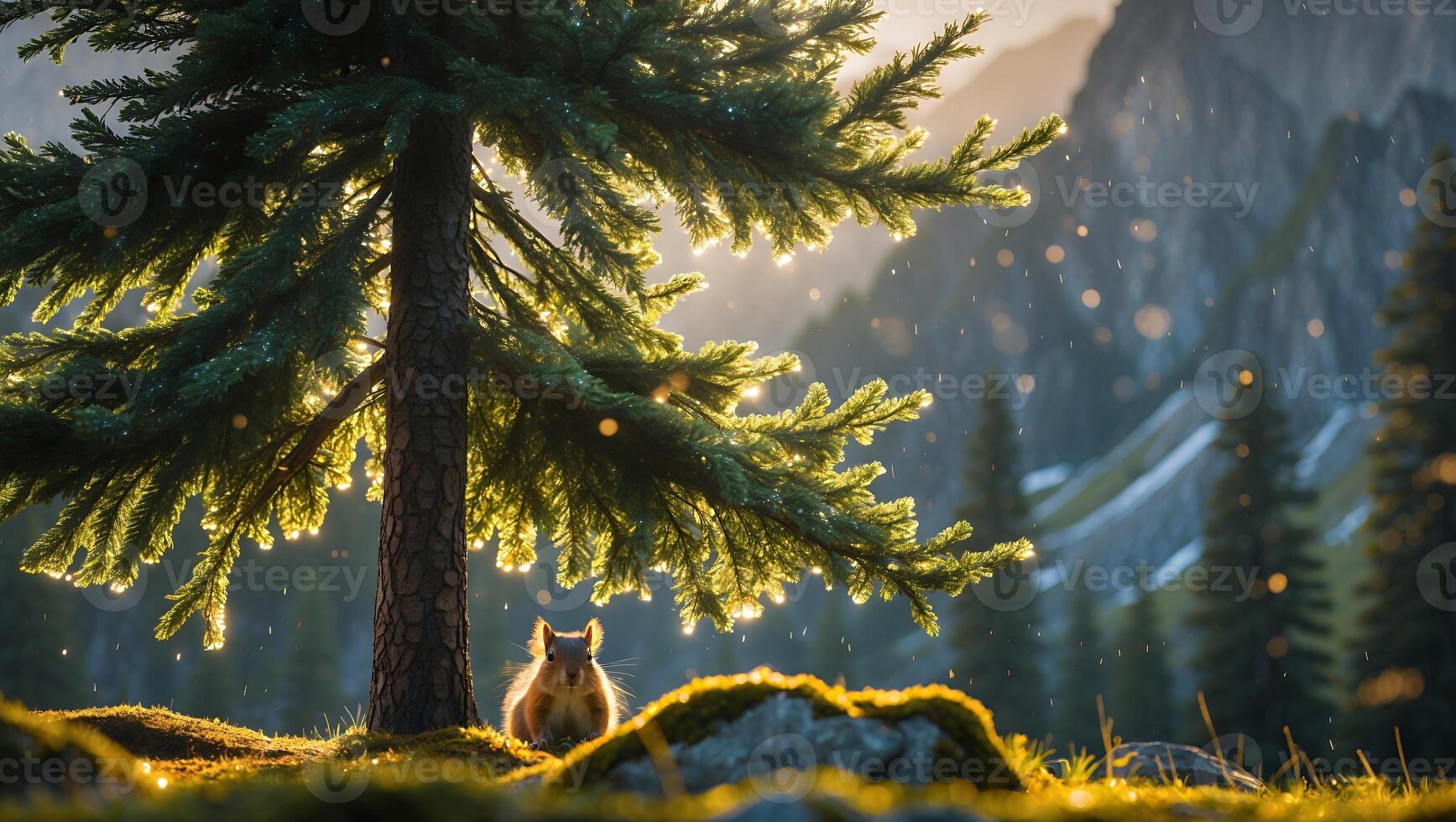Squirrel Sits Under Pine Tree with Sunlight in Mountain Landscape photo