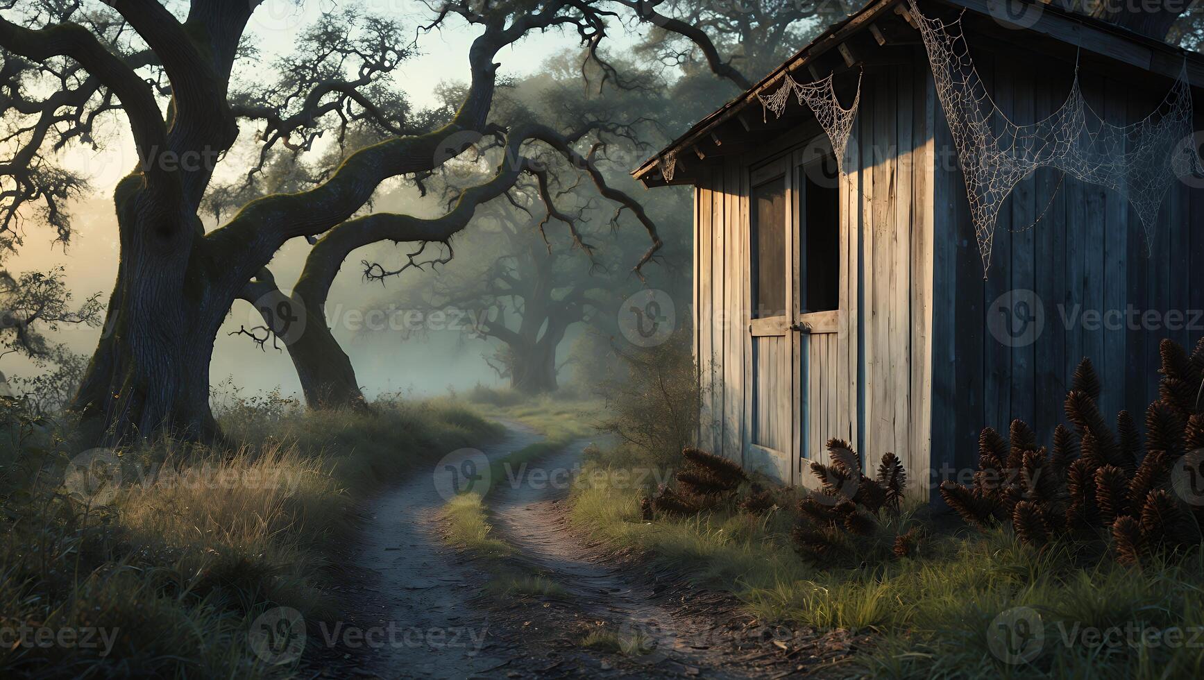 Country Road Leading to Wooden Shed with Cobwebs in Fog photo