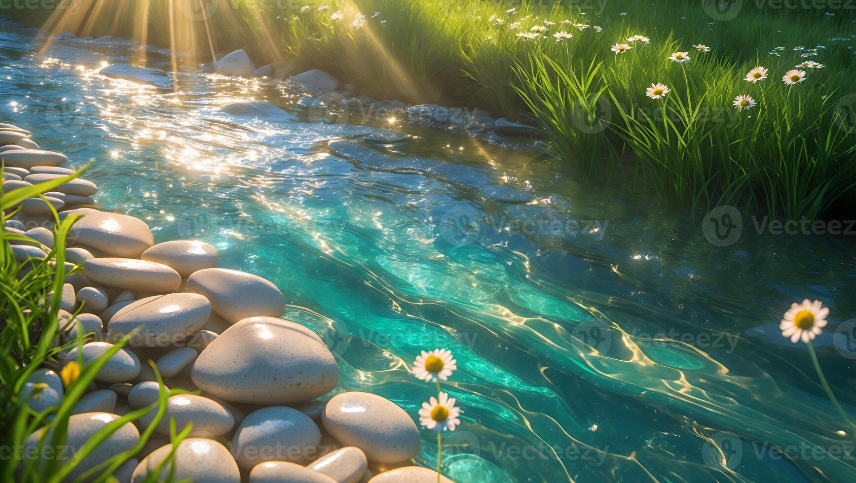 Clear Stream Flowing Past Stones and Daisies in Sunlight Scenery photo