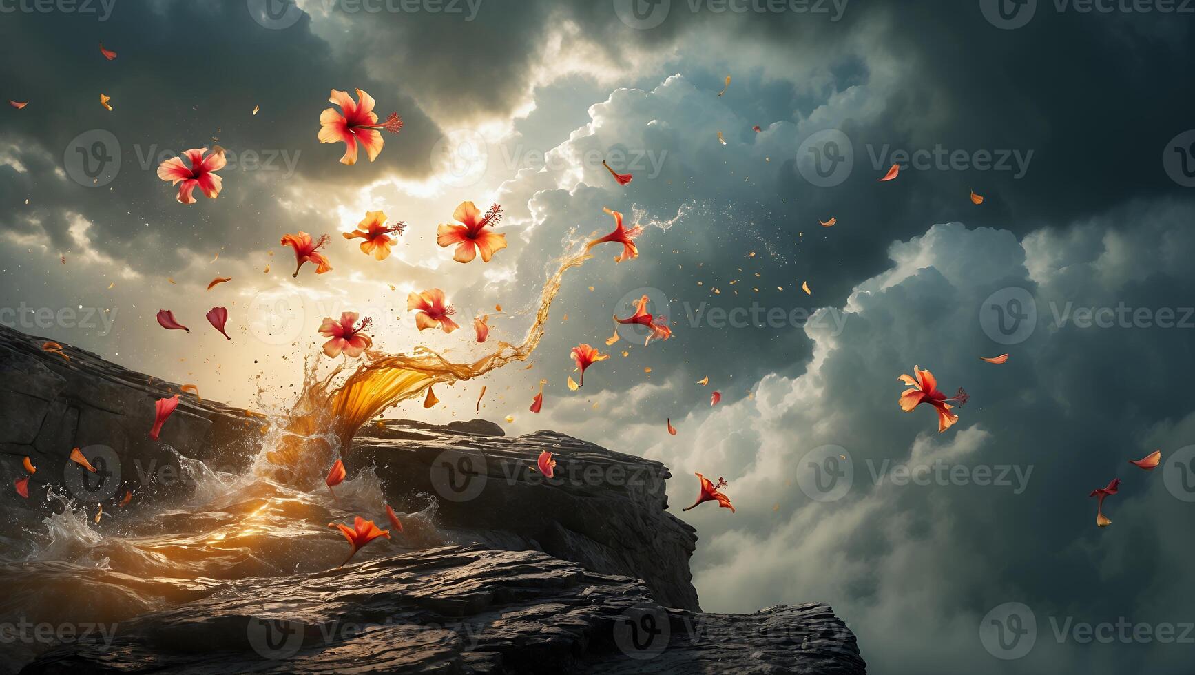 Hibiscus Flowers Flowing Down Rock Face with Dramatic Cloudscape photo