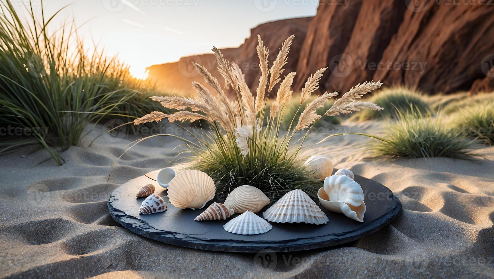 Seashells and Beach Grass on Slate Serving Tray at Sunset photo