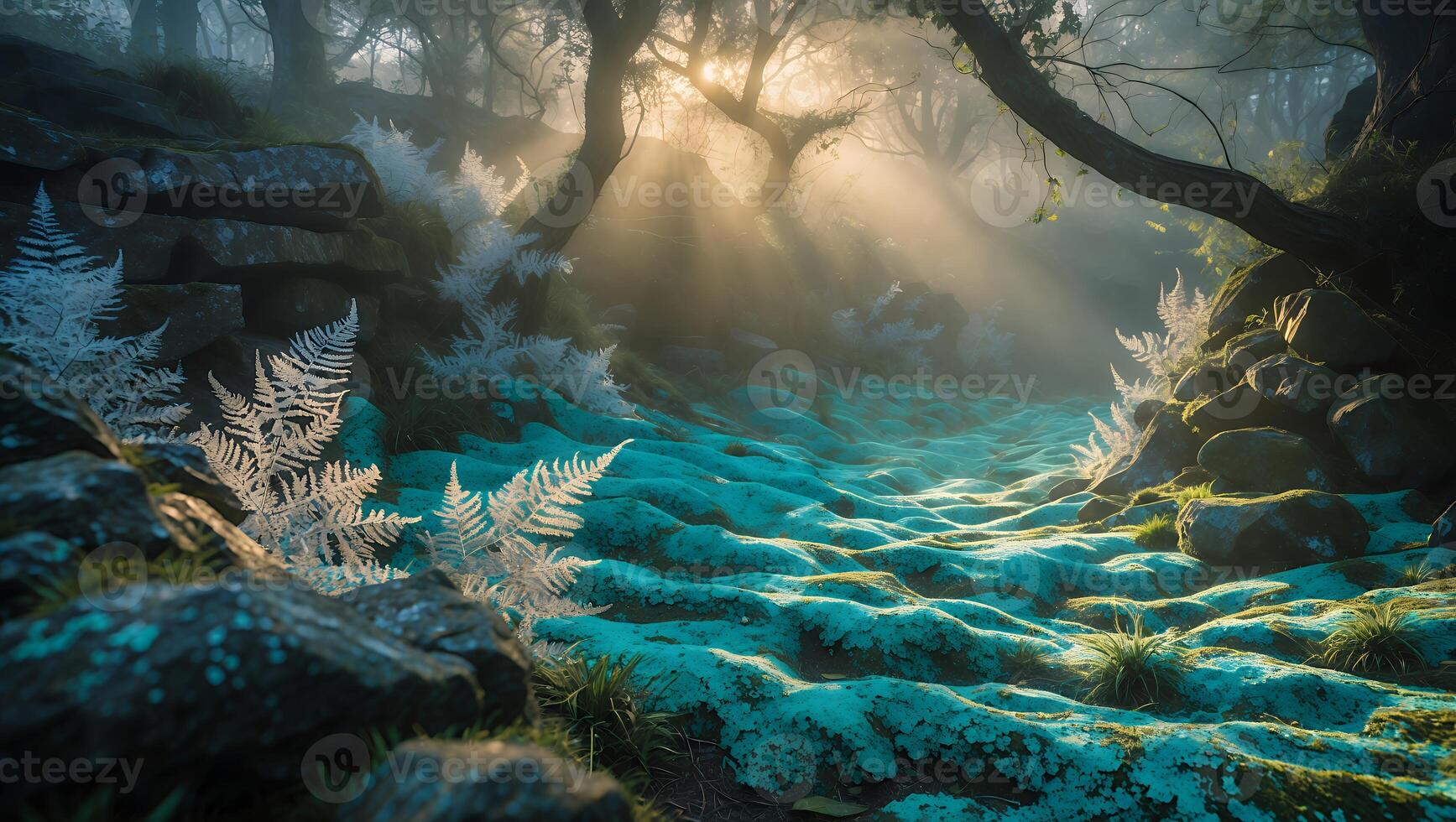 Sunlight Through Fog in Lush Forest Path with Ferns photo