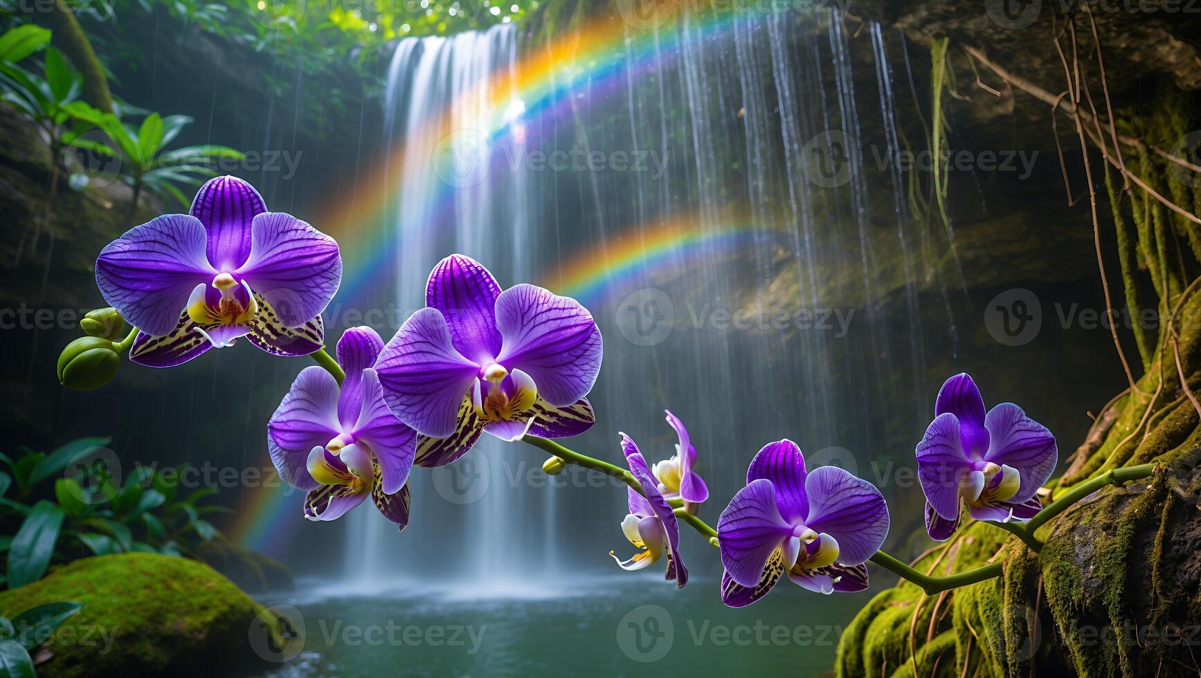 Purple Orchids Bloom Near Waterfall with Rainbow in Tropical Landscape photo