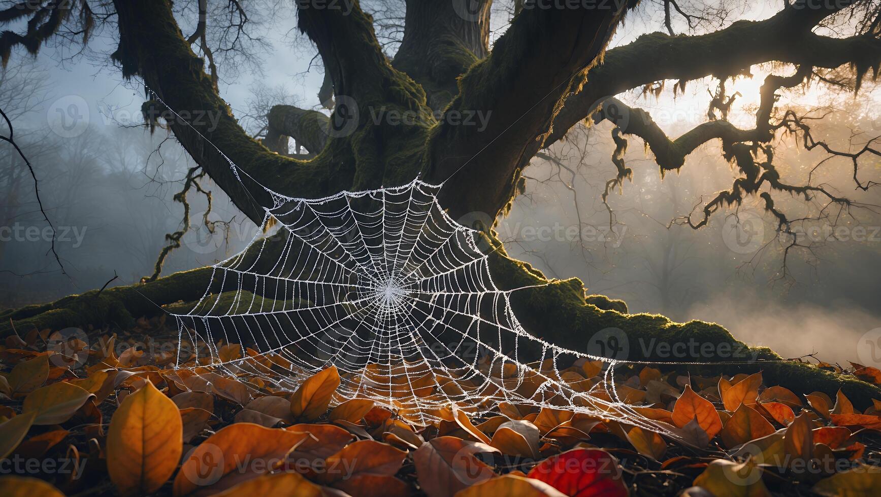 Spiderweb on Fallen Leaves Under an Old Tree in Forest photo