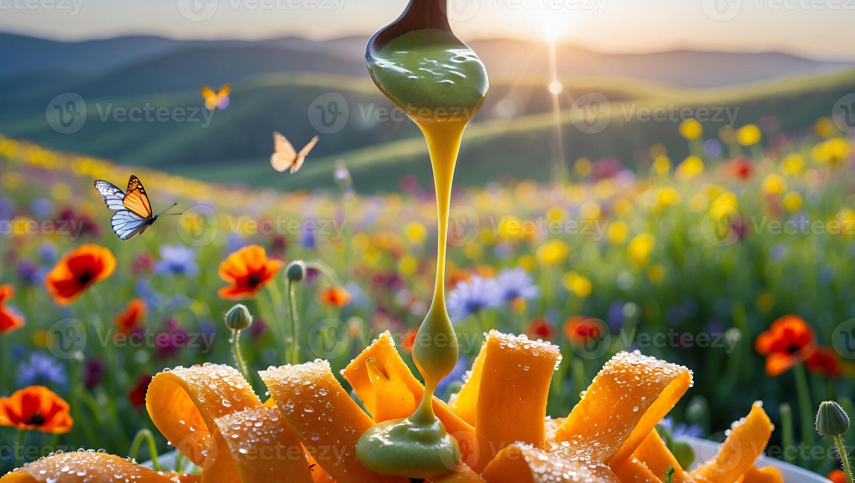 Sauce Pouring Over Dessert on Meadow with Butterflies and Mountains photo