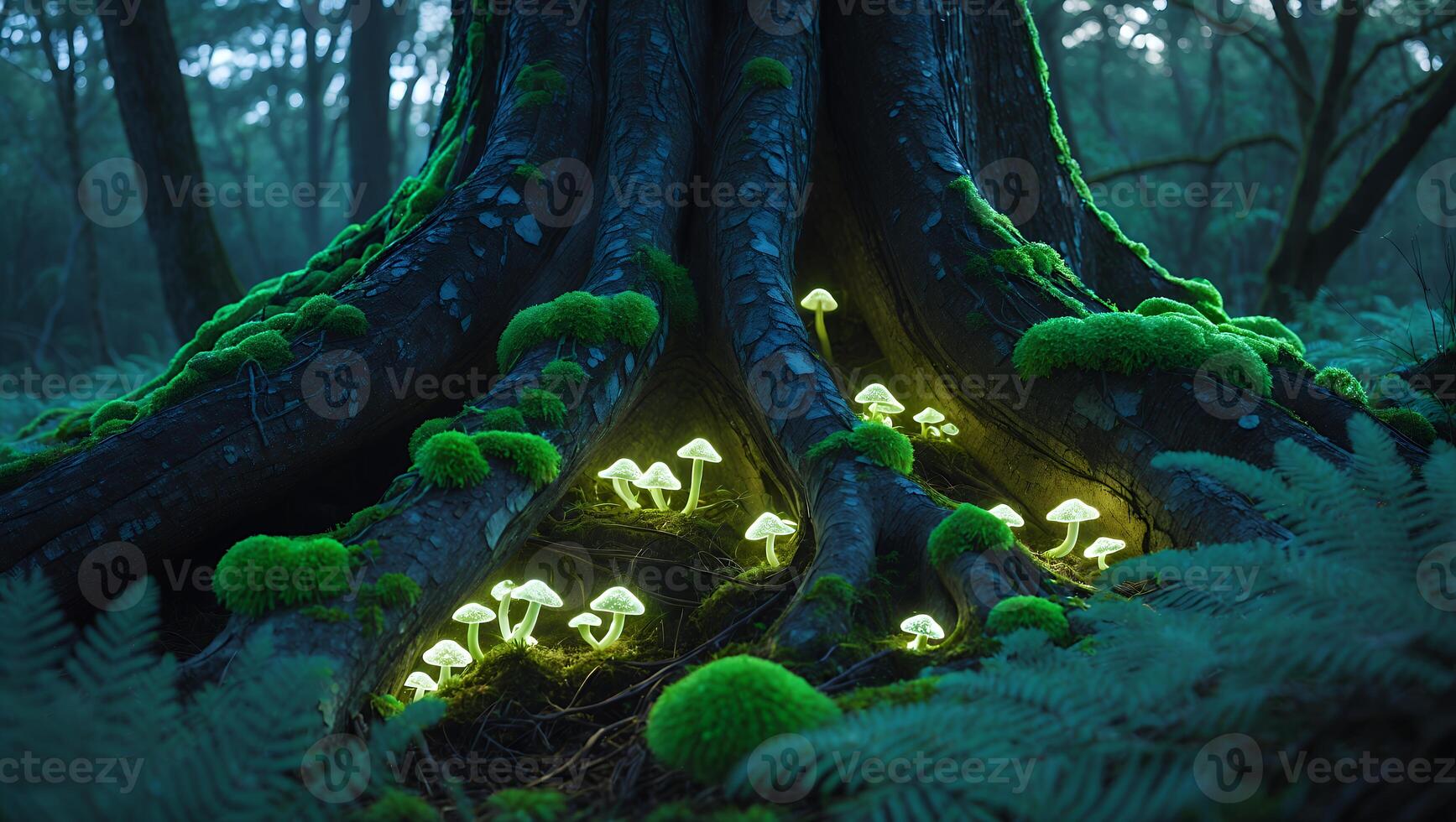 Glowing Mushrooms at Base of Tree in Enchanted Forest Scene photo