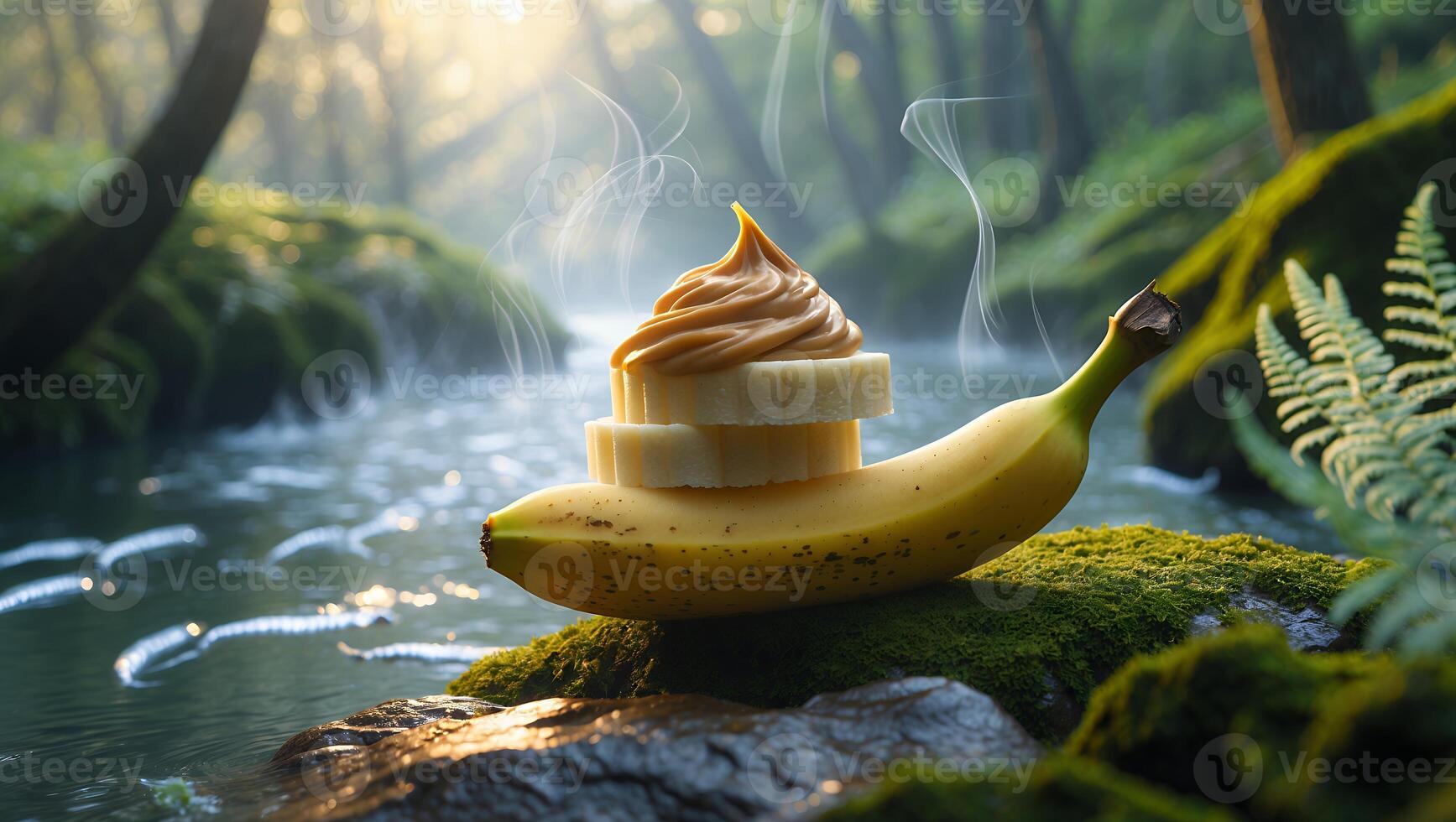 Banana Slices with Spread Resting Near Tranquil River in Forest photo