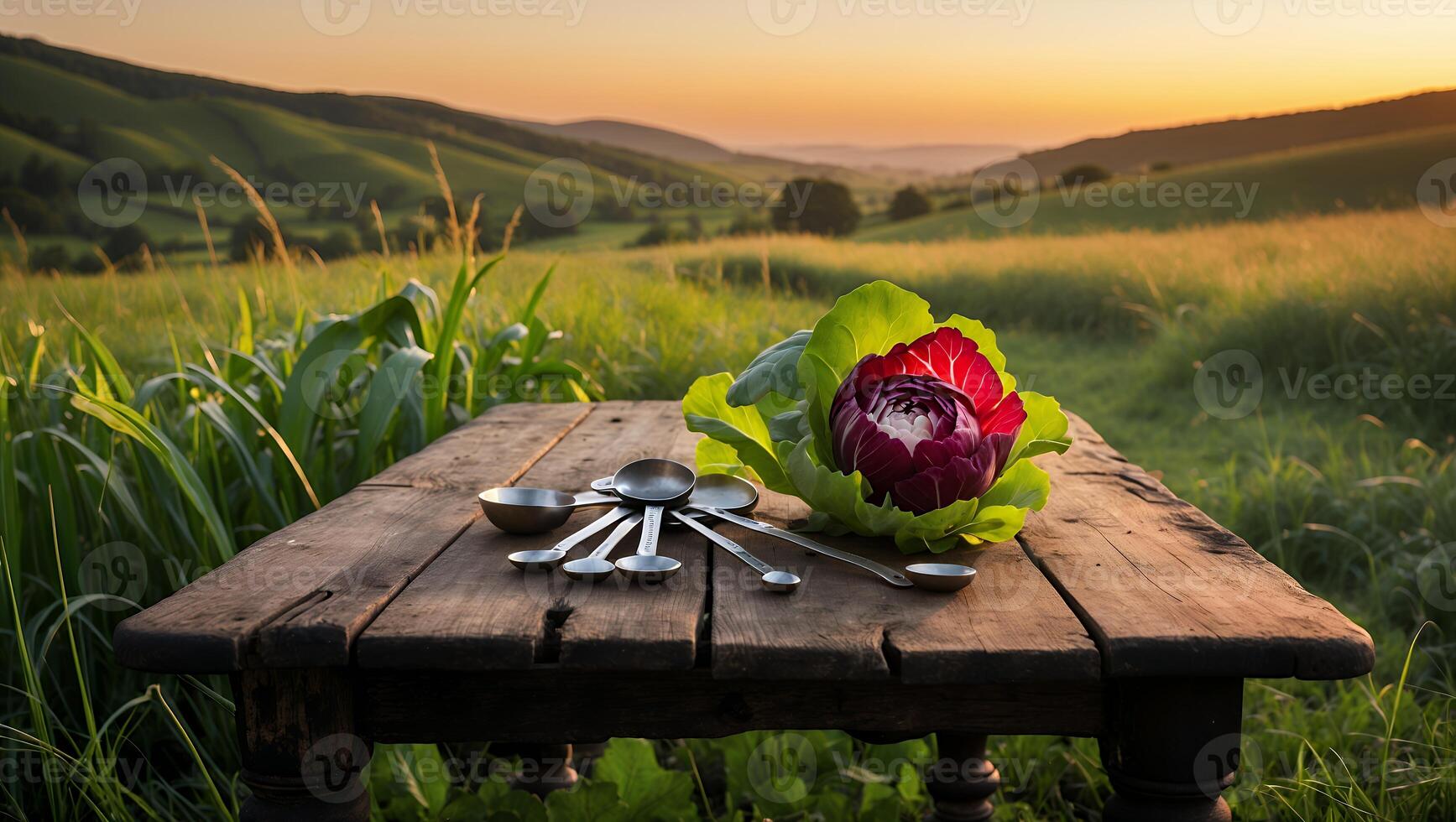 Preparing Chicory Salad Outdoors on Rustic Table at Sunset photo