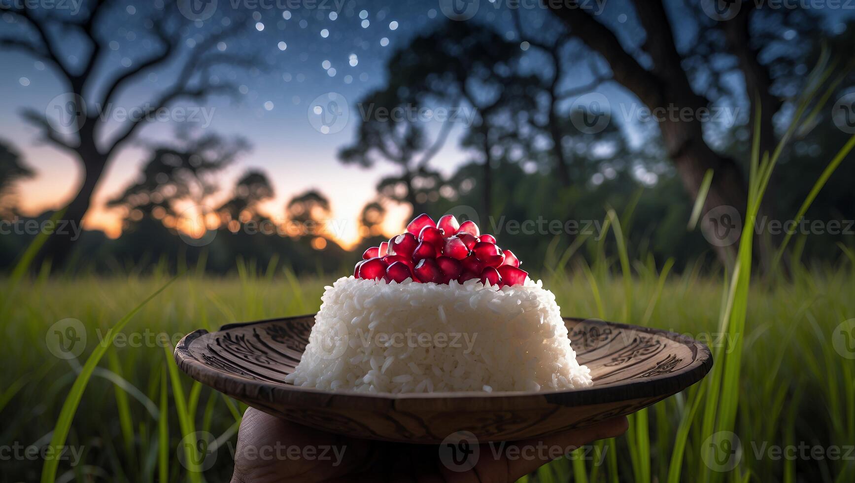 Serving Rice with Pomegranate Seeds on a Plate in Nature at Night photo