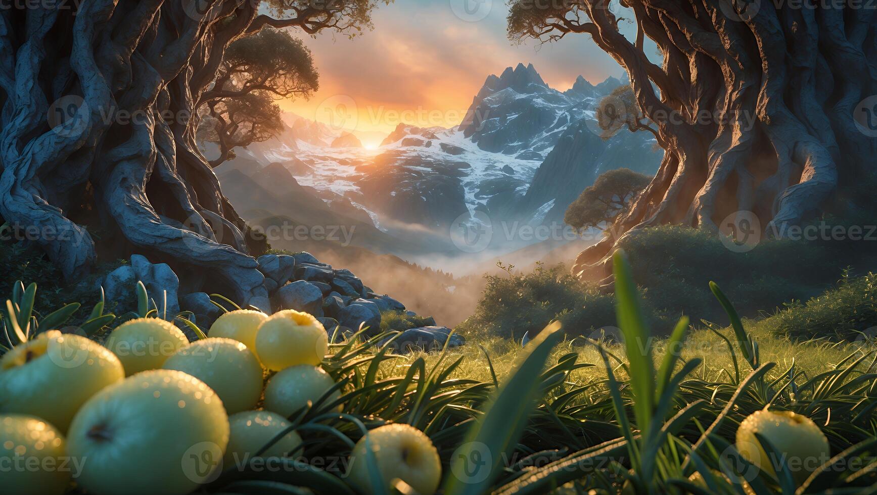 Apples in Mountain Valley Meadow at Sunset with Snowy Peaks View photo