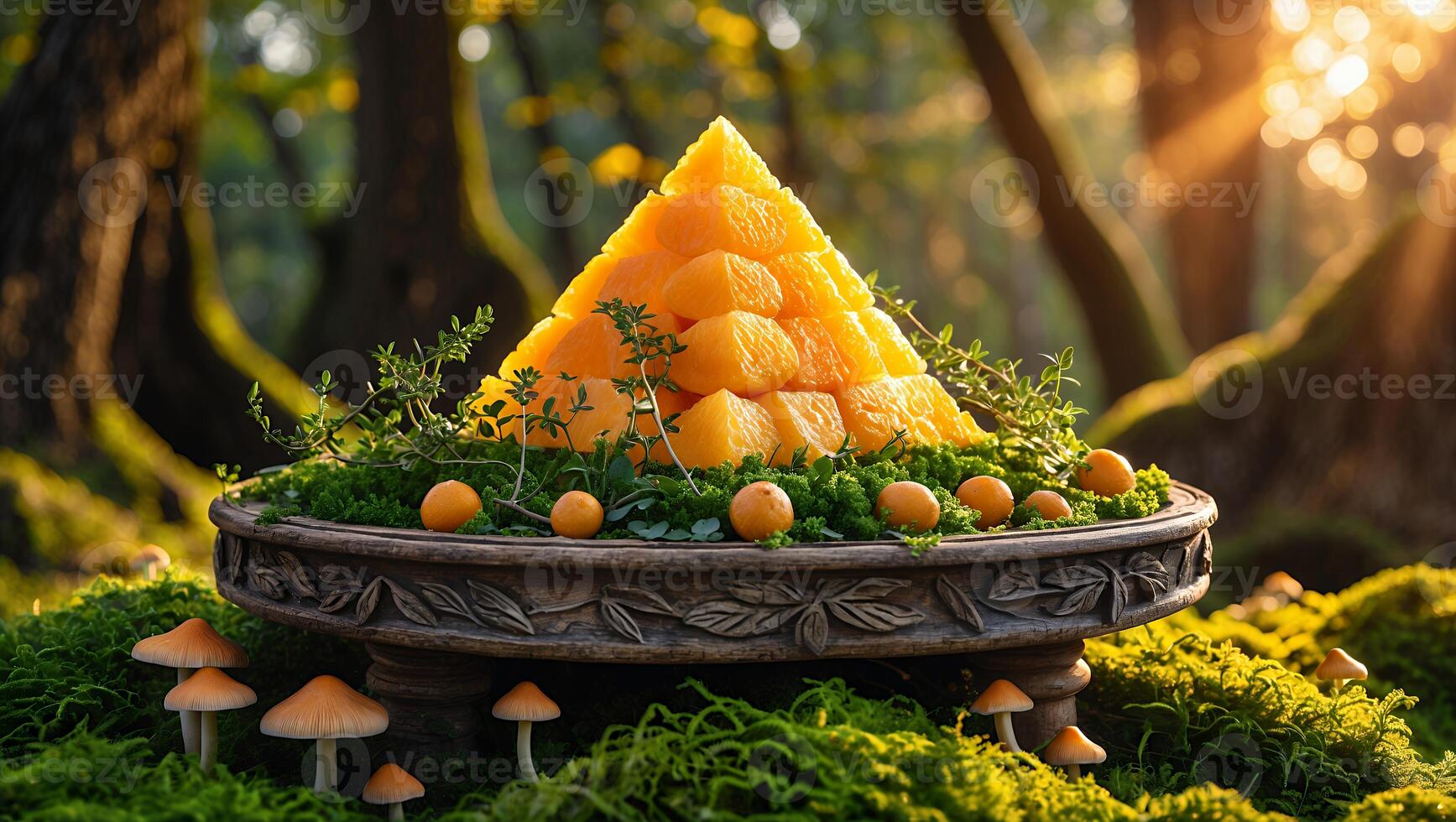 Arranged Fruit Pyramid with Mushrooms in Forest Setting Sunlight photo