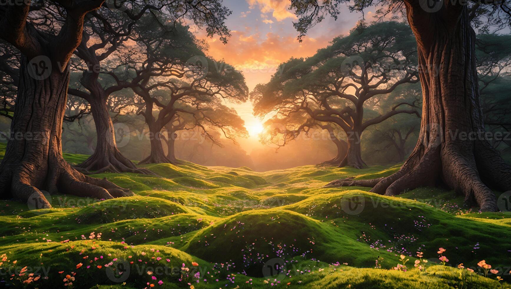 Sunrise Illuminates Forest Meadow with Old Trees and Gentle Hills photo
