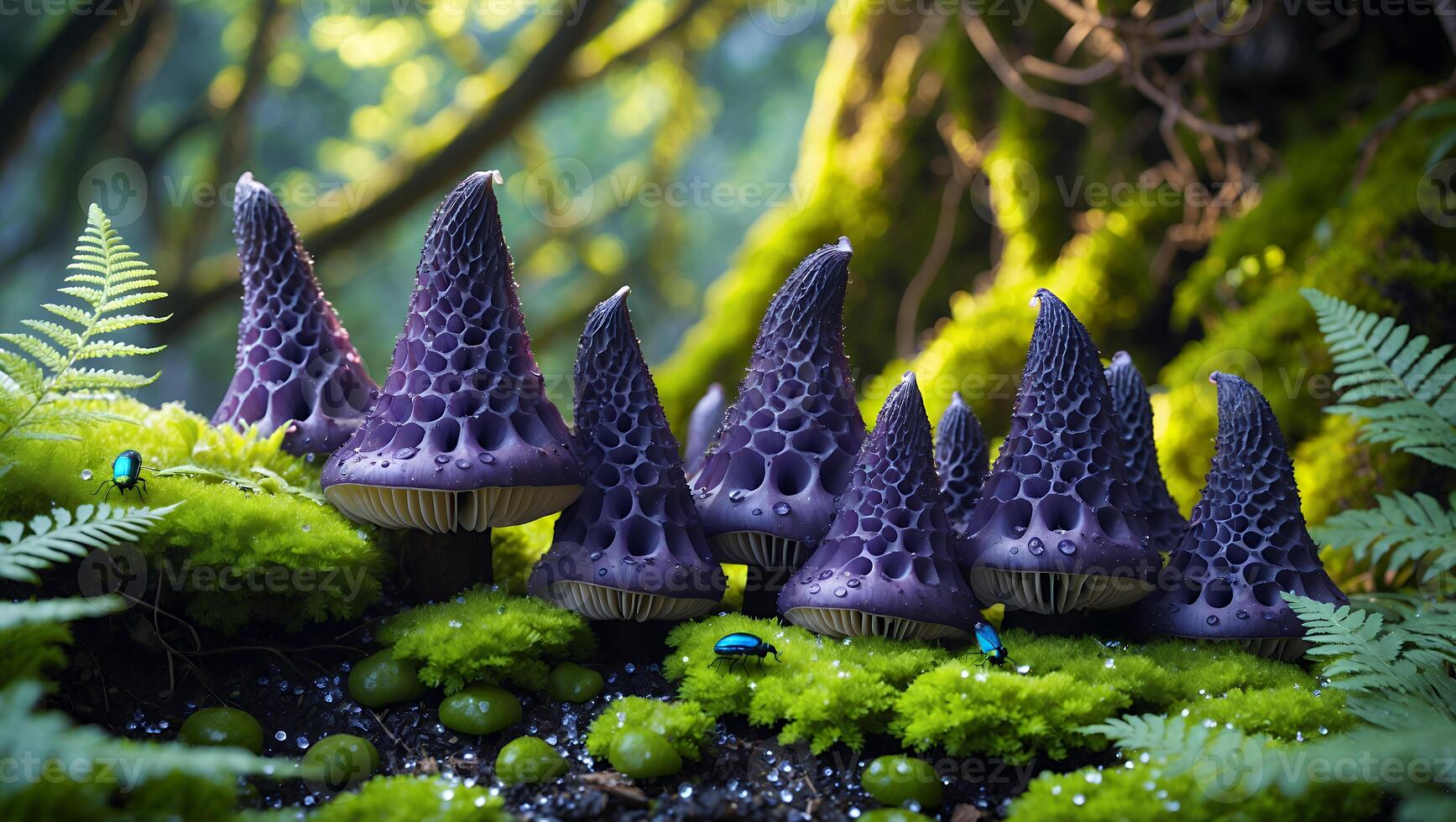 Exploring Purple Mushrooms Growing on Moss in a Lush Forest photo