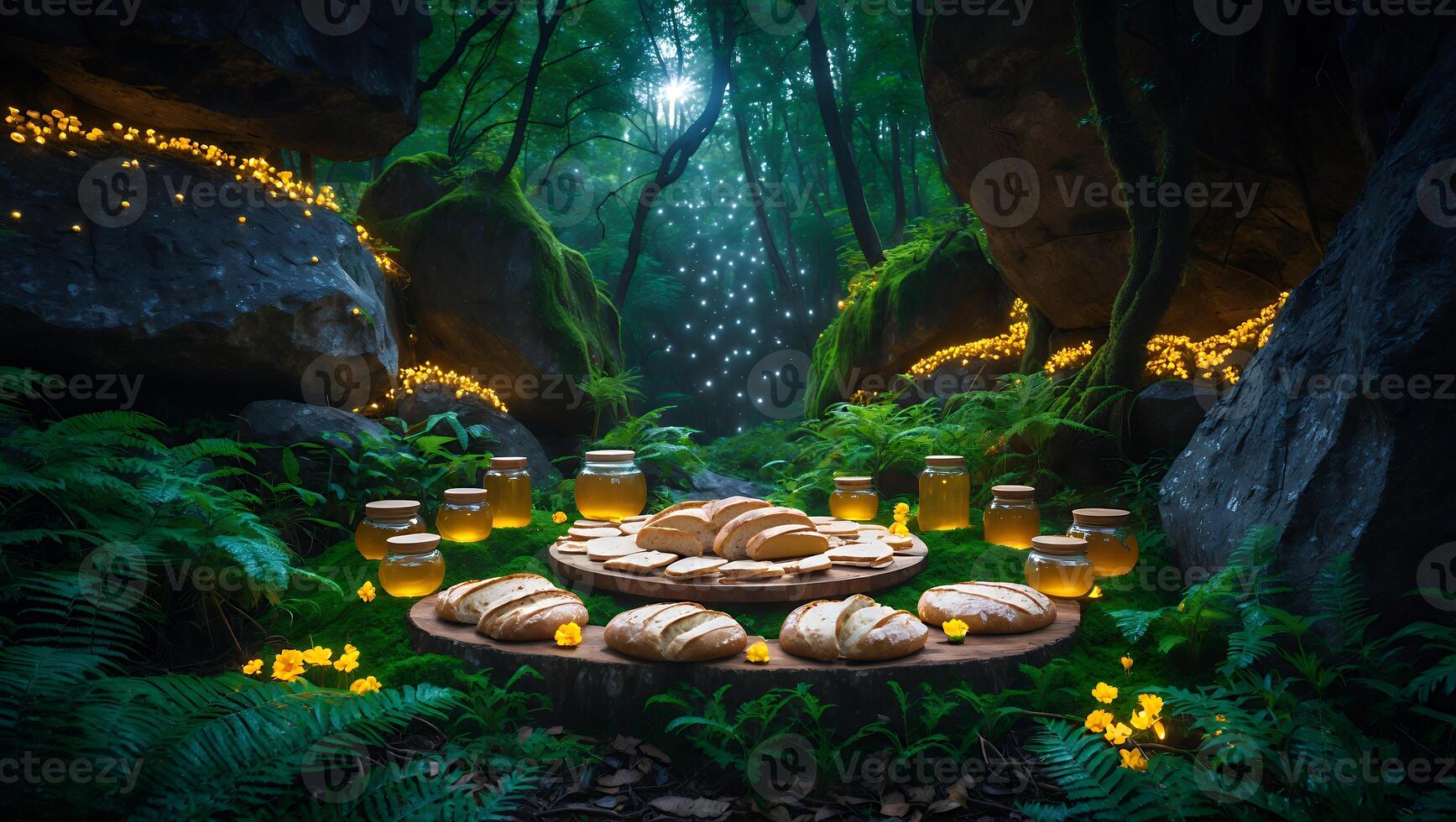 Bread and Honey Jars Display in a Enchanted Forest Setting photo