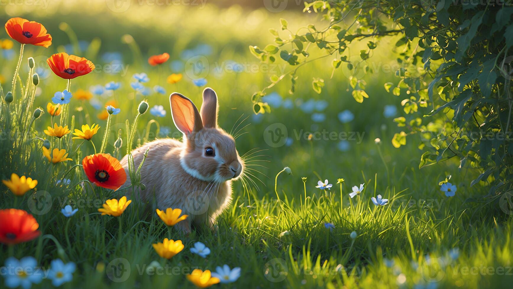 Rabbit Sitting in Flower Meadow with Sunlight Filtering Through Leaves photo